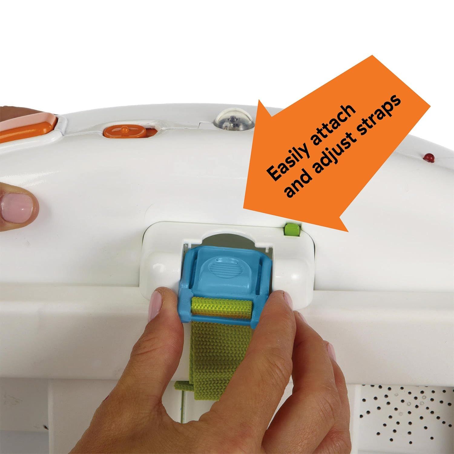 Demonstrates the ease of attaching and adjusting the straps on the product, reassuring shoppers that setup is simple and customizable.
