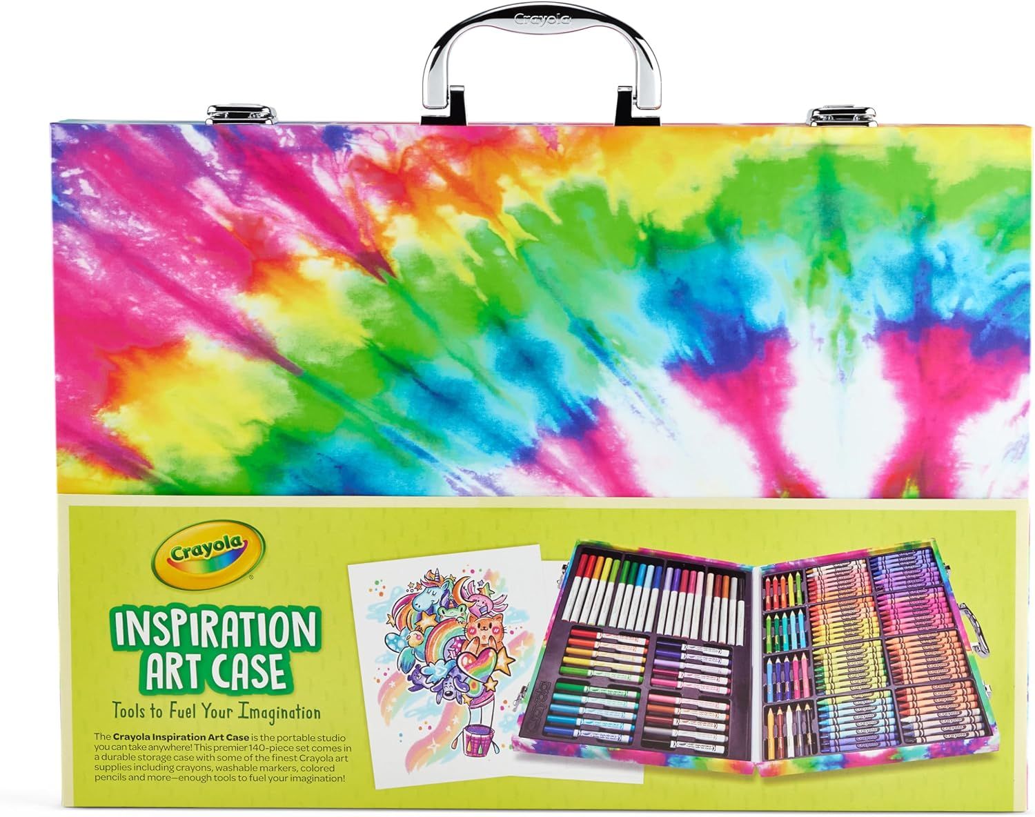 Shows the customer everything included in the Crayola Inspiration Art Case — the portable case, the variety of art supplies (crayons, markers, colored pencils), and the organized storage layout to…