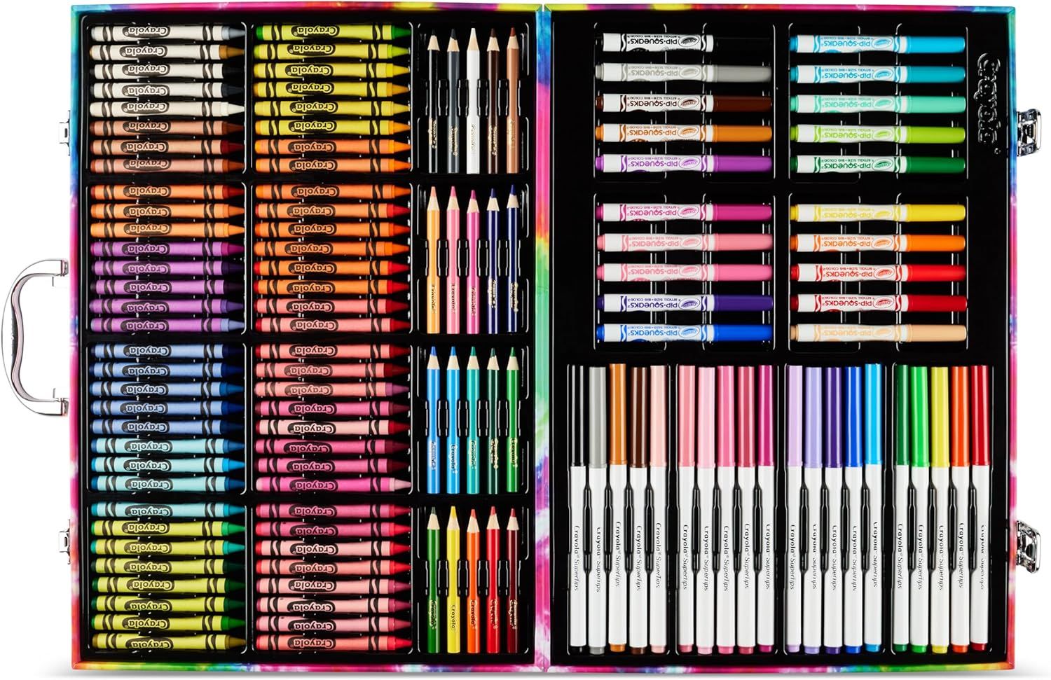Shows the comprehensive variety of art supplies included in the kit (crayons, markers, colored pencils) to demonstrate value and completeness for creative activities.
