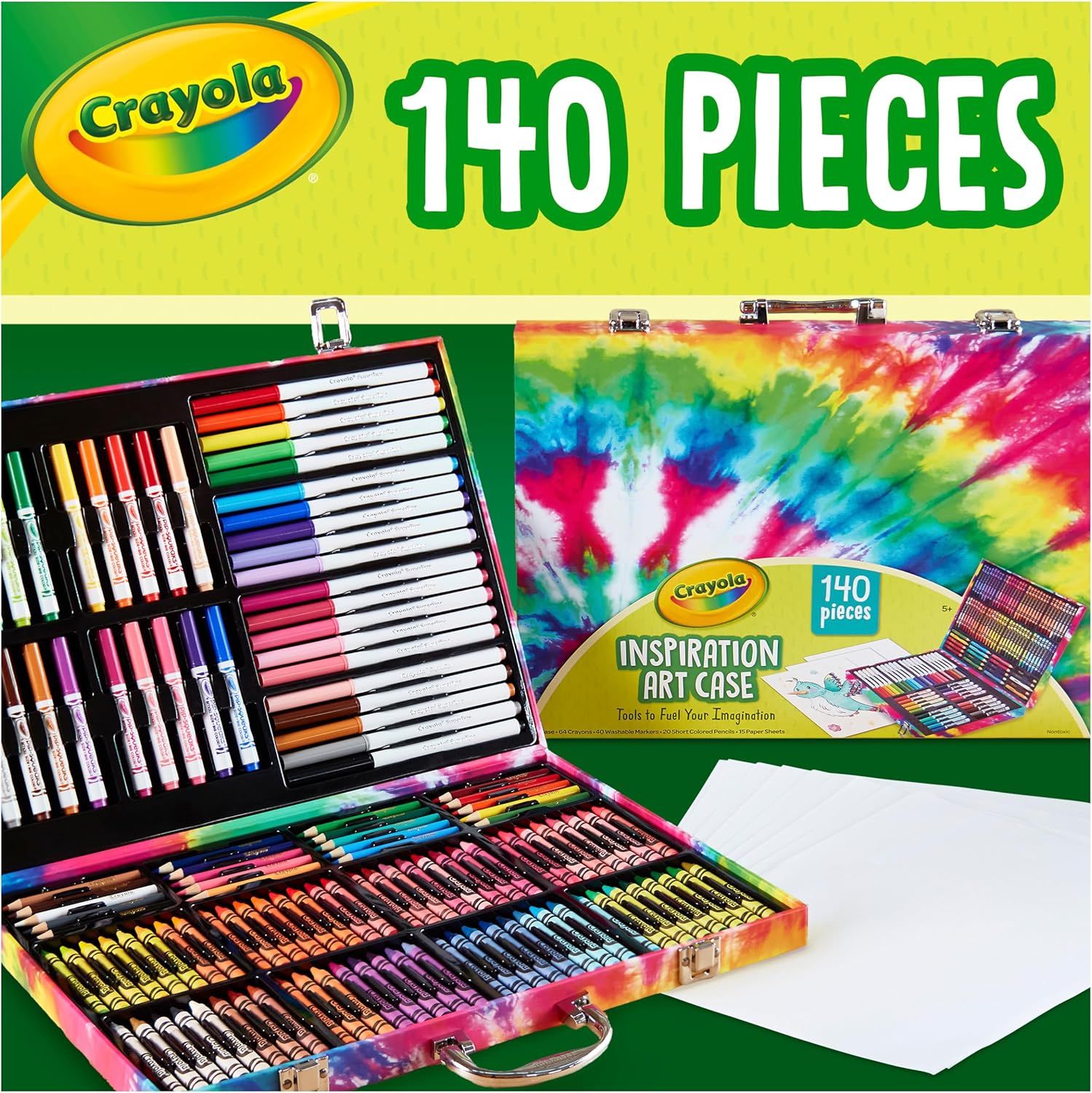 Shows the complete contents of the art case to communicate the variety and quantity of art supplies included in the purchase.