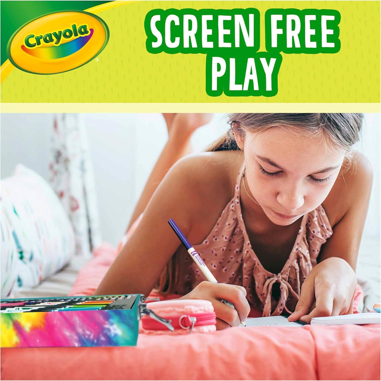 Communicates that Crayola products encourage offline creative play without screens, reassuring parents about healthy, hands-on activities for children.