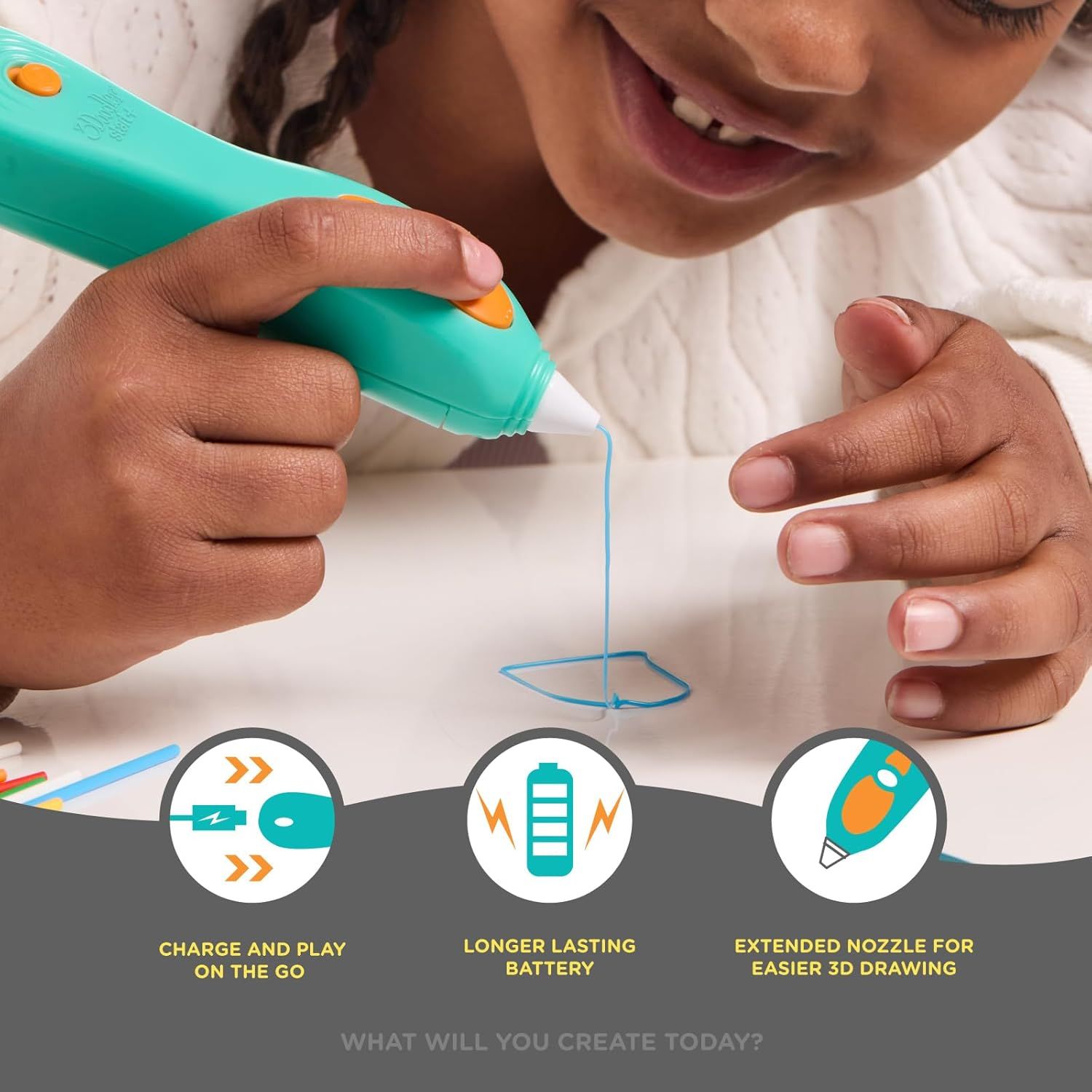 Highlights three distinct product benefits in a segmented layout to show the product's portability, battery life, and ease of use for creative activities.