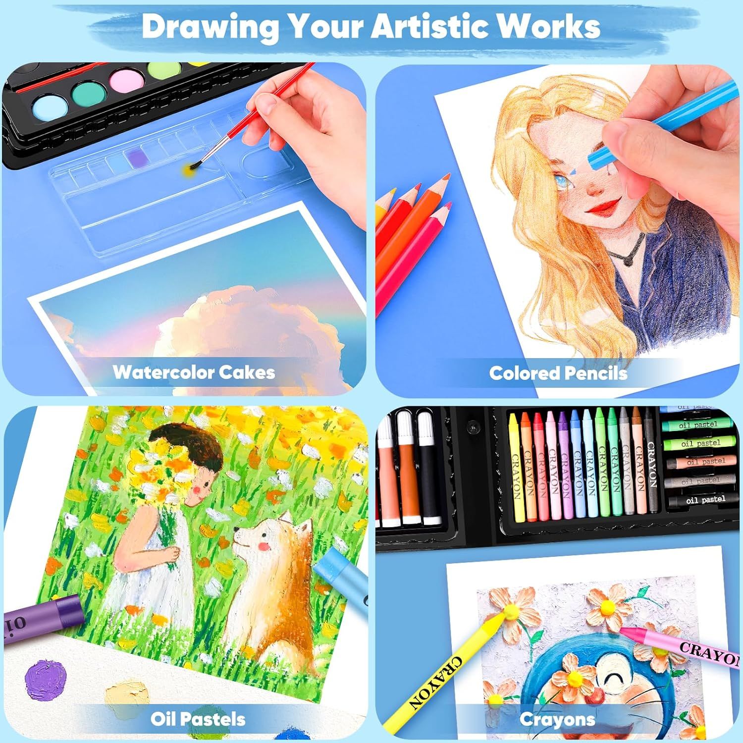 Demonstrates the versatility of the art product by showing multiple creative applications and mediums that can be used to create different artistic works, reassuring shoppers that the product…