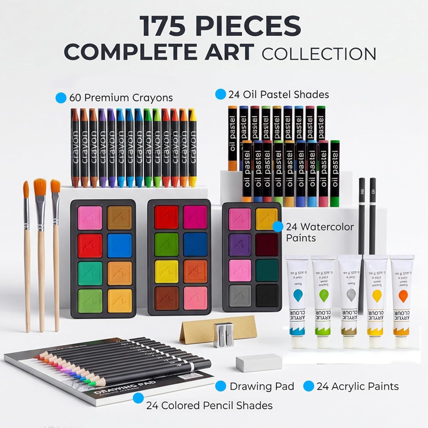 Shows the complete contents of the art kit to demonstrate the comprehensive value and variety of supplies included in the purchase.