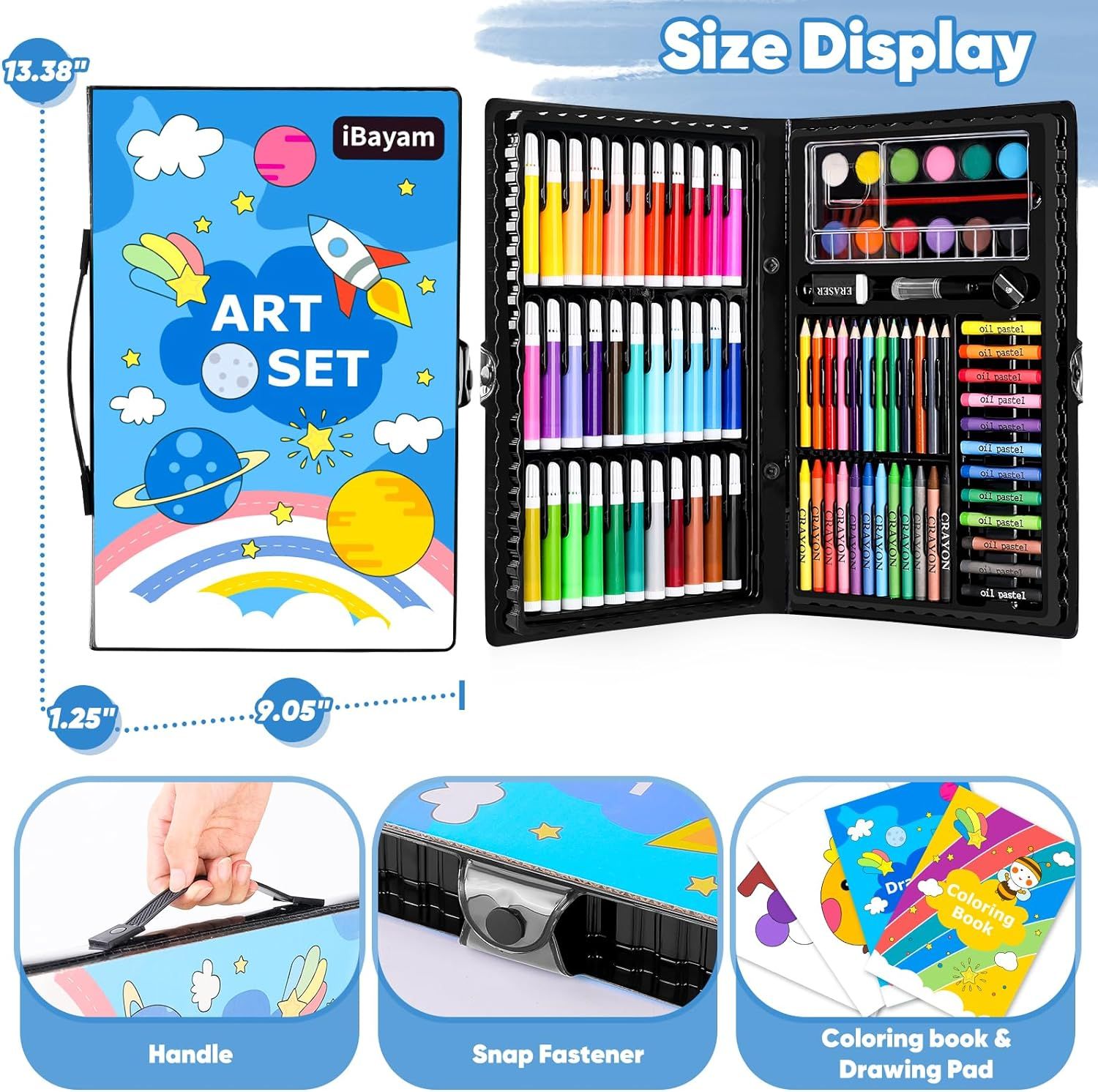 Shows everything included in the art set kit—markers, colored pencils, oil pastels, watercolors, and accessories—to help shoppers understand the full value and variety of items they'll receive.…