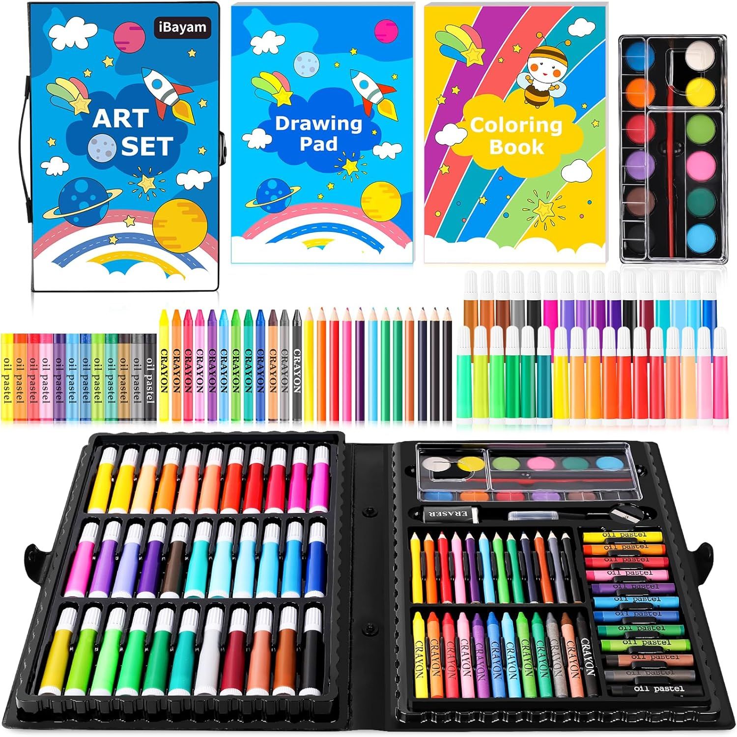 Shows everything included in the art set to demonstrate the comprehensive value and variety of art supplies the customer receives, including books, paints, markers, crayons, and pastels.