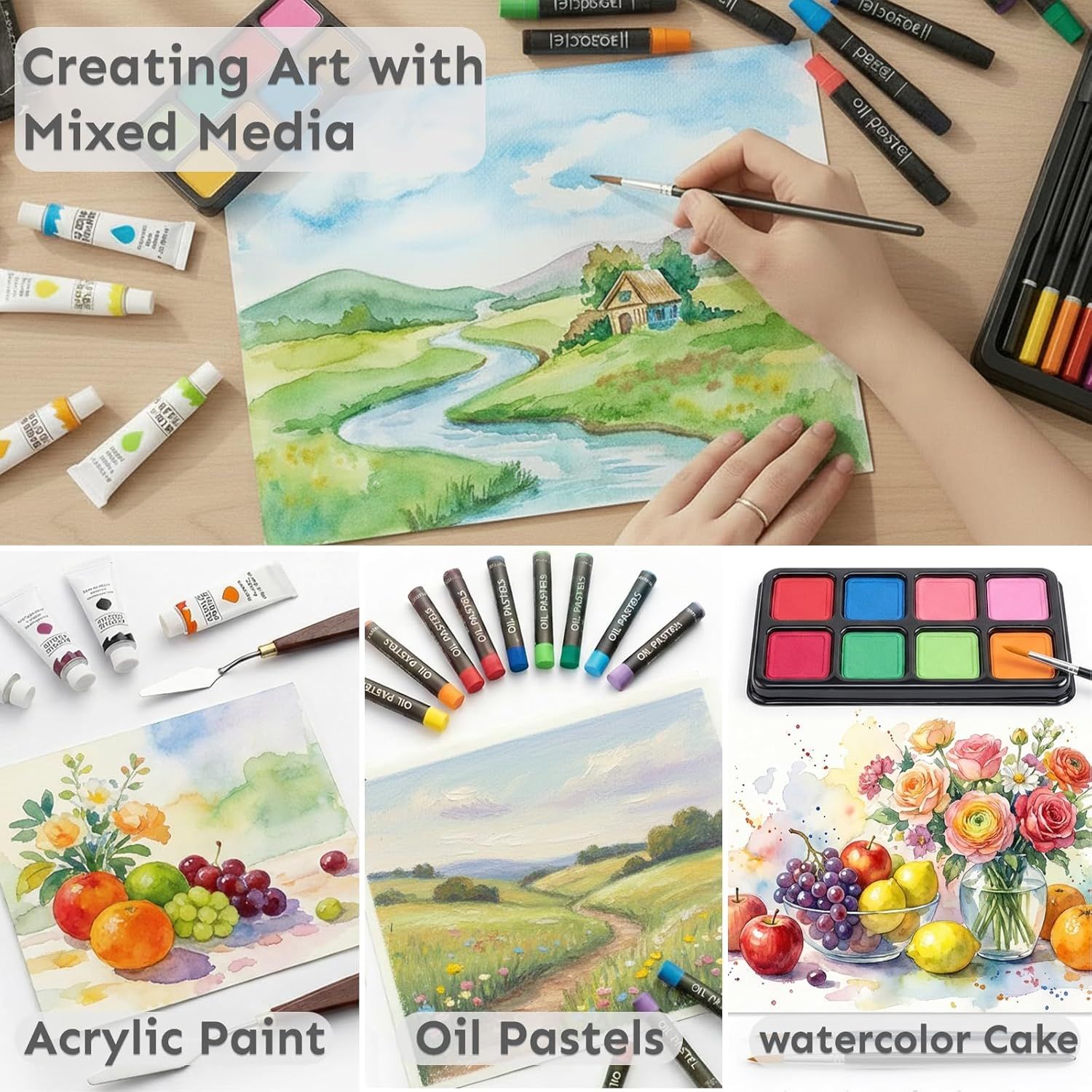 Demonstrates the versatility of the art supplies by showing multiple creative applications and techniques across different media types (acrylic, oil pastels, watercolor), helping shoppers understand…