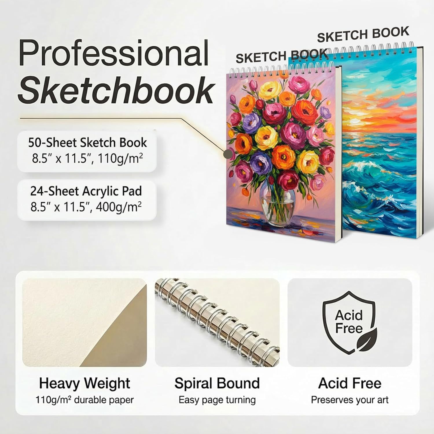 Shows the customer exactly what is included in the bundle: two different types of art pads with their specifications, helping shoppers understand the complete package they will receive. Highlights…