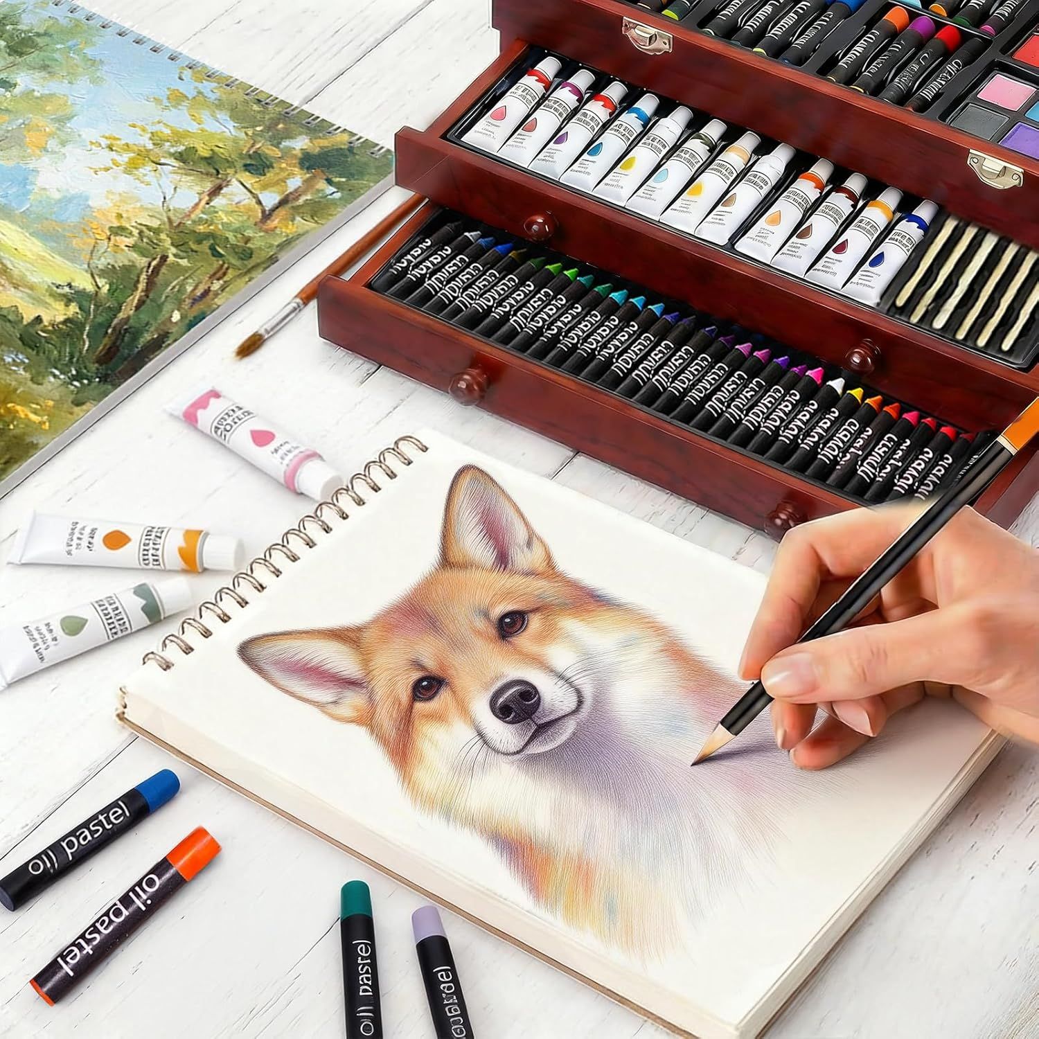 Shows the customer everything included in the art set purchase—paints, pastels, pencils, and other art supplies—to demonstrate the comprehensive value and variety of the kit.