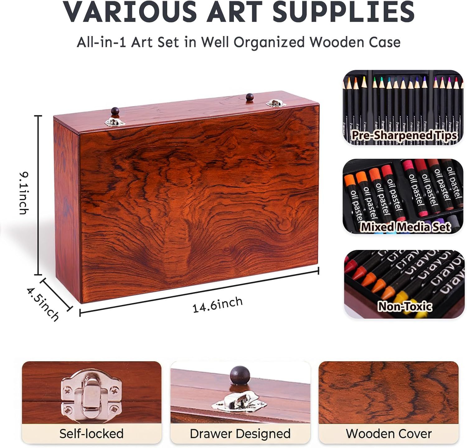 Shows the exact physical dimensions of the wooden case (14.6 x 4.5 x 9.1 inches) to help shoppers understand the product's size and storage footprint. Highlights multiple distinct benefits and…