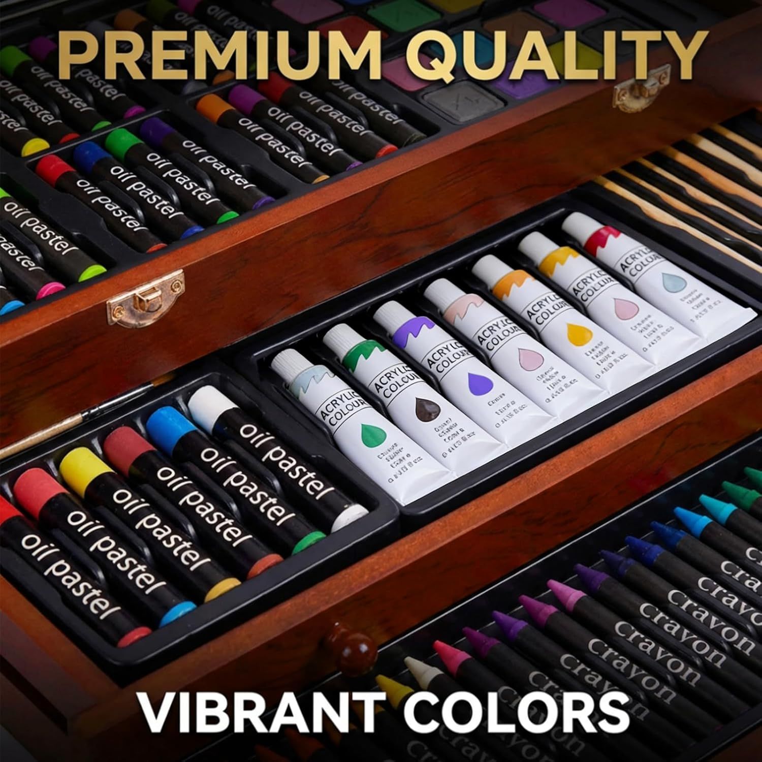 Communicates the high-quality materials and vibrant color range of the art supply set to reassure shoppers of the product's value and performance.