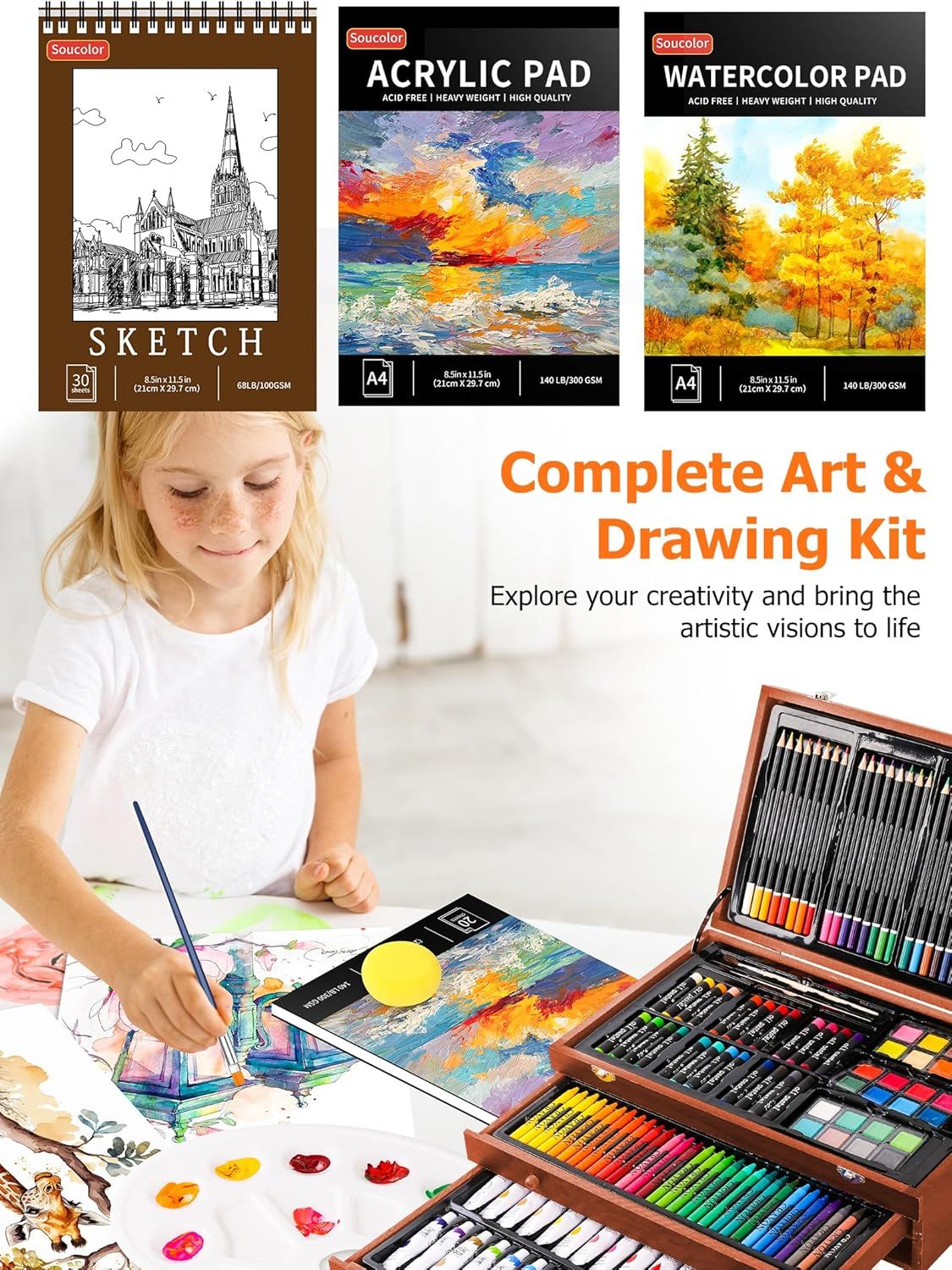 Shows everything included in the complete art kit bundle to demonstrate the comprehensive value and variety of supplies the customer receives, encouraging purchase by highlighting the all-in-one…
