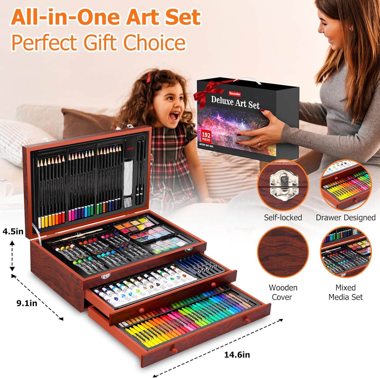Positions the art set as an ideal gift option, showing a child's excited reaction to receiving the product and emphasizing its gift-worthiness with a red bow and gift messaging. Showcases multiple…