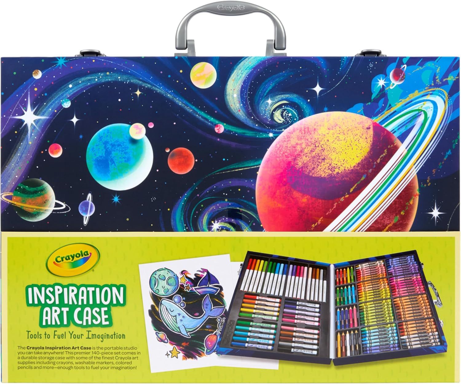 Shows the customer everything included in the art case—the portable storage case, crayons, markers, colored pencils, and other art supplies—to demonstrate the comprehensive value and variety of the…