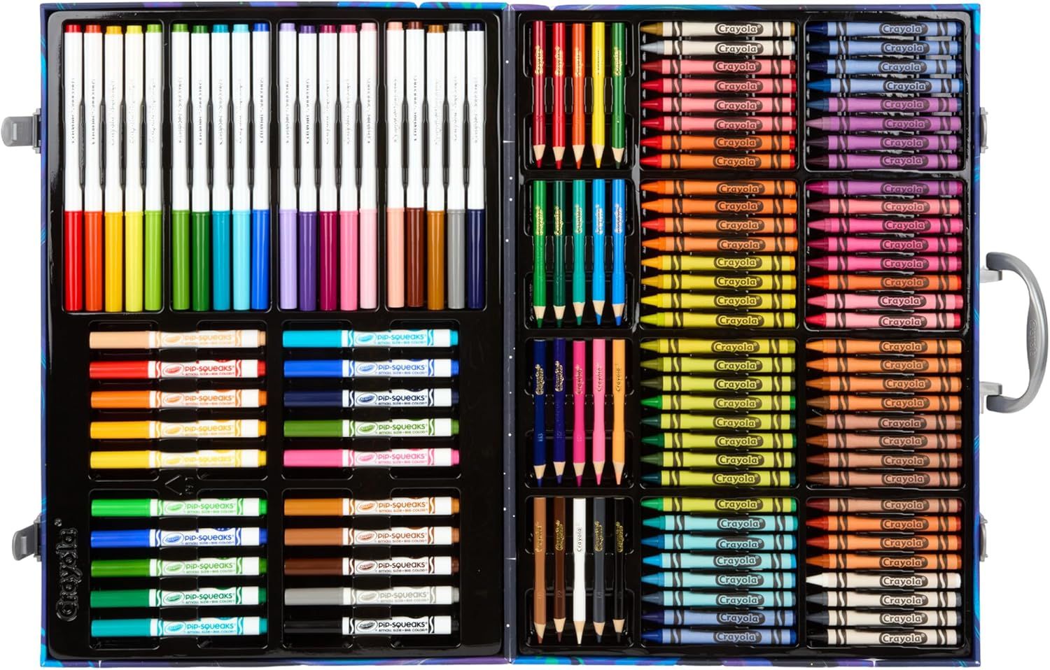 Shows the complete set of art supplies included in the kit, demonstrating the variety and quantity of markers, crayons, colored pencils, and pip-squeaks that come with the purchase.