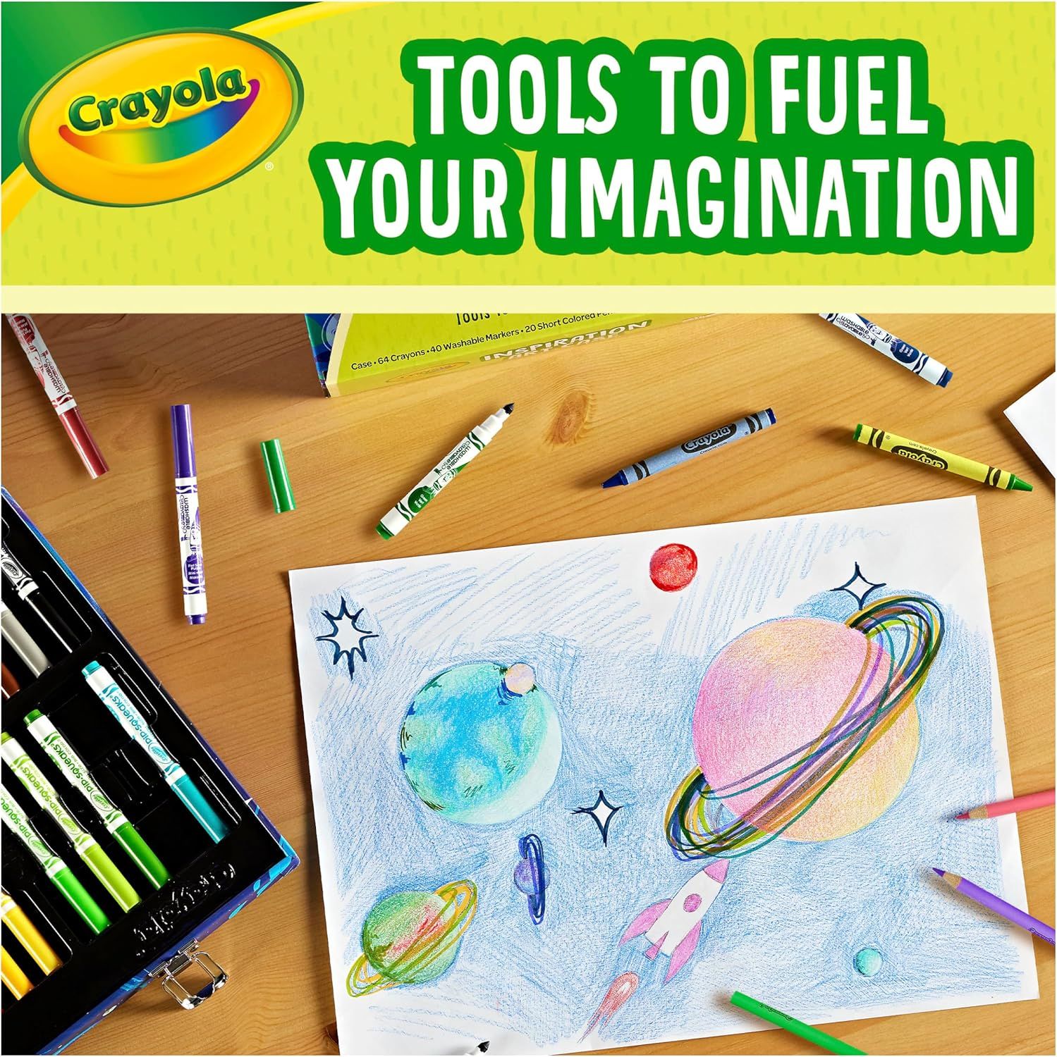 Communicates Crayola's brand identity and emotional positioning as tools that inspire creativity and imagination, reinforcing brand values rather than specific product features.