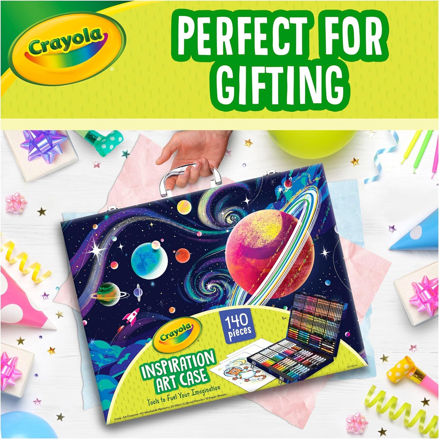 Positions the Crayola Inspiration Art Case as an ideal gift option, using festive visual cues like gift wrap, bows, and party decorations to appeal to shoppers looking for presents.