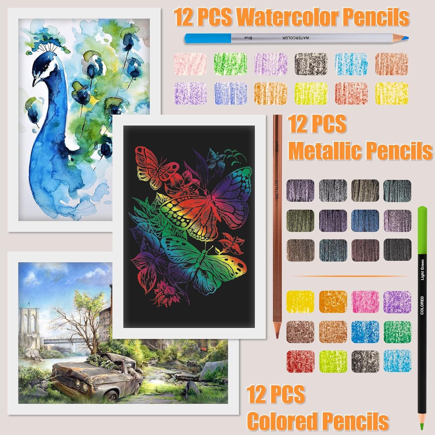 Shows the customer all the different pencil sets included in the bundle, demonstrating the variety and completeness of the art supply kit. Demonstrates the multiple creative capabilities and…