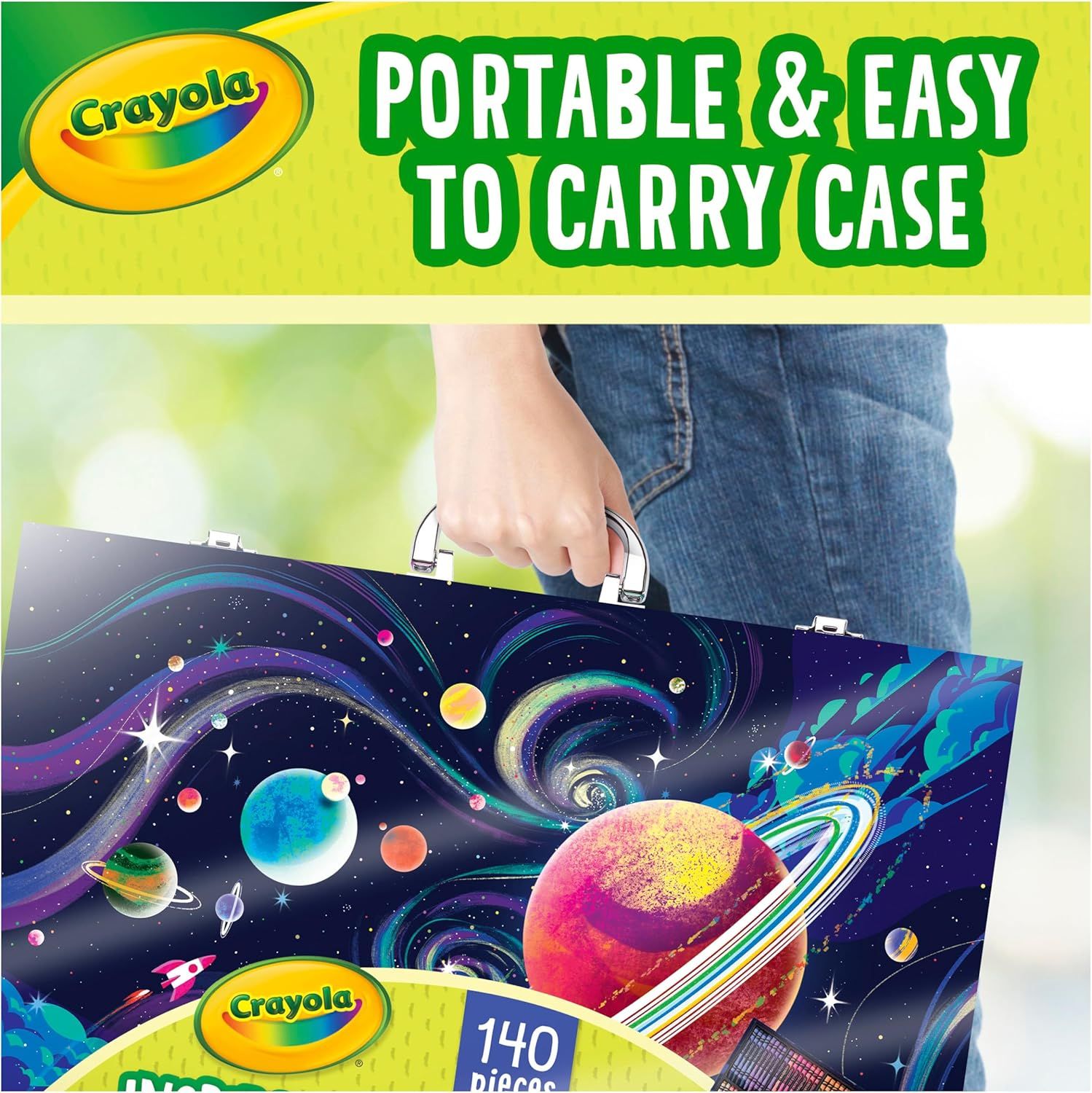 Highlights the product's portability and convenience, showing that the case has a handle and is easy for kids to carry on the go.