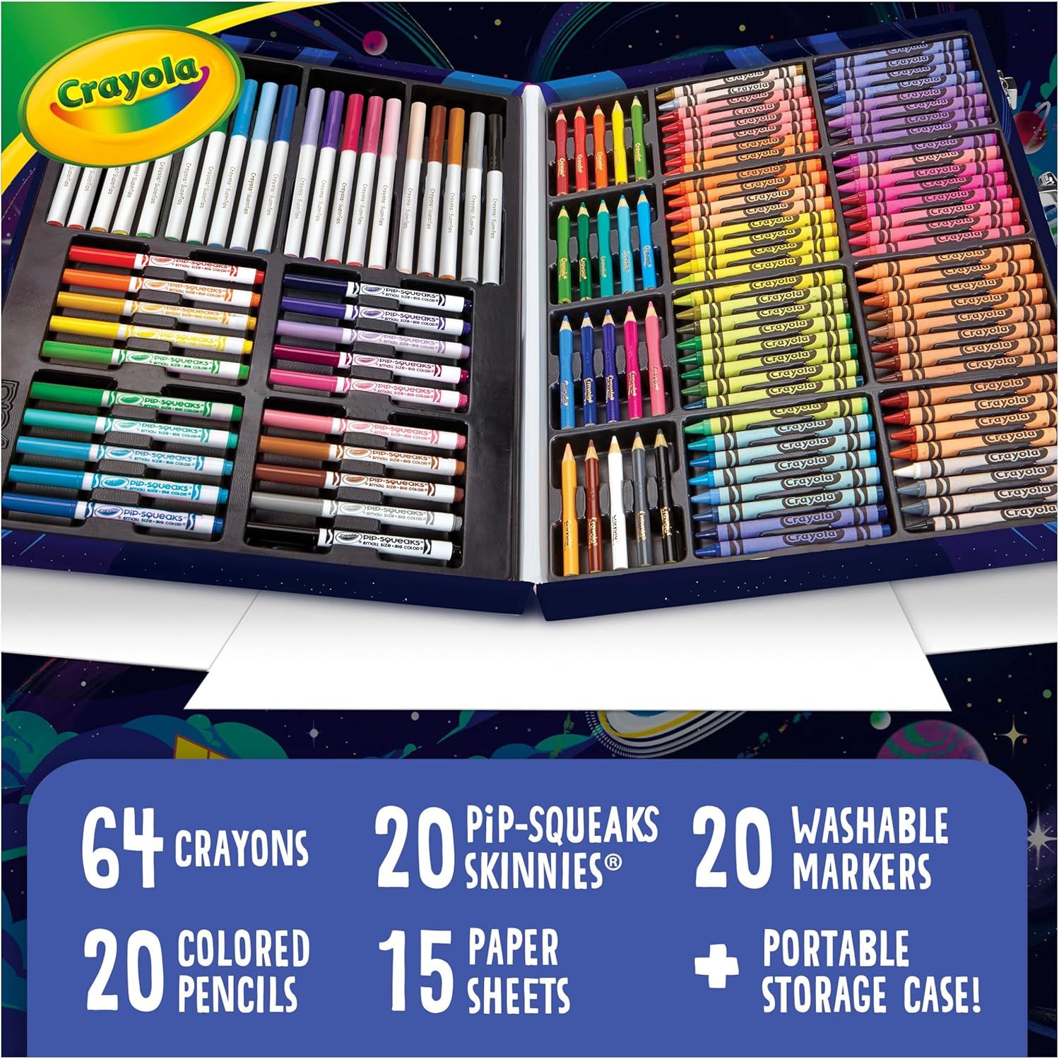 Shows the complete contents of the Crayola art kit, including 64 crayons, 20 Pip-Squeaks Skinnies markers, 20 washable markers, 20 colored pencils, 15 paper sheets, and a portable storage case, to…