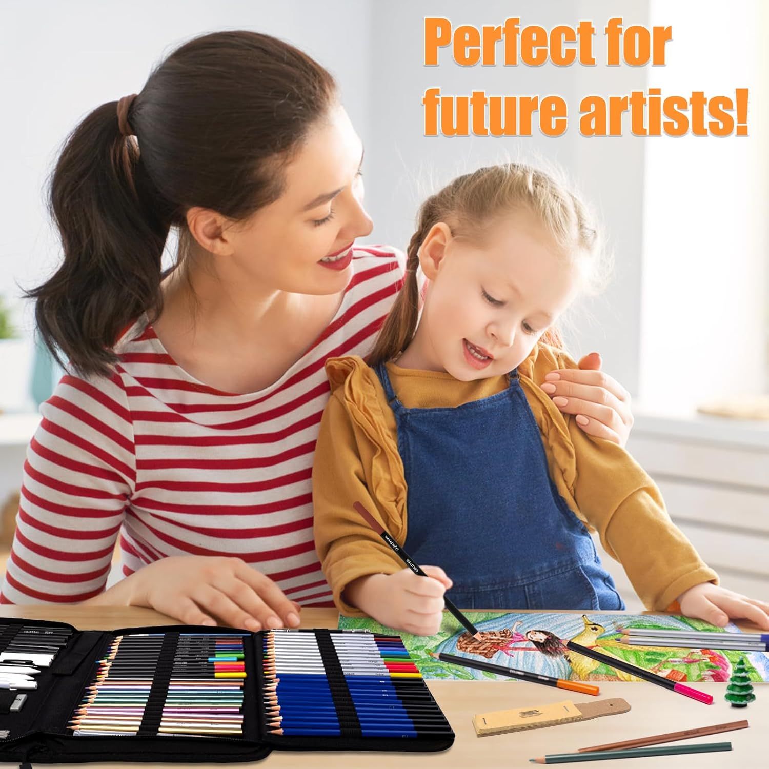 Demonstrates the product's suitability for children's creative activities and positions it as ideal for young, aspiring artists. Communicates that this art supply set is perfect for children and…