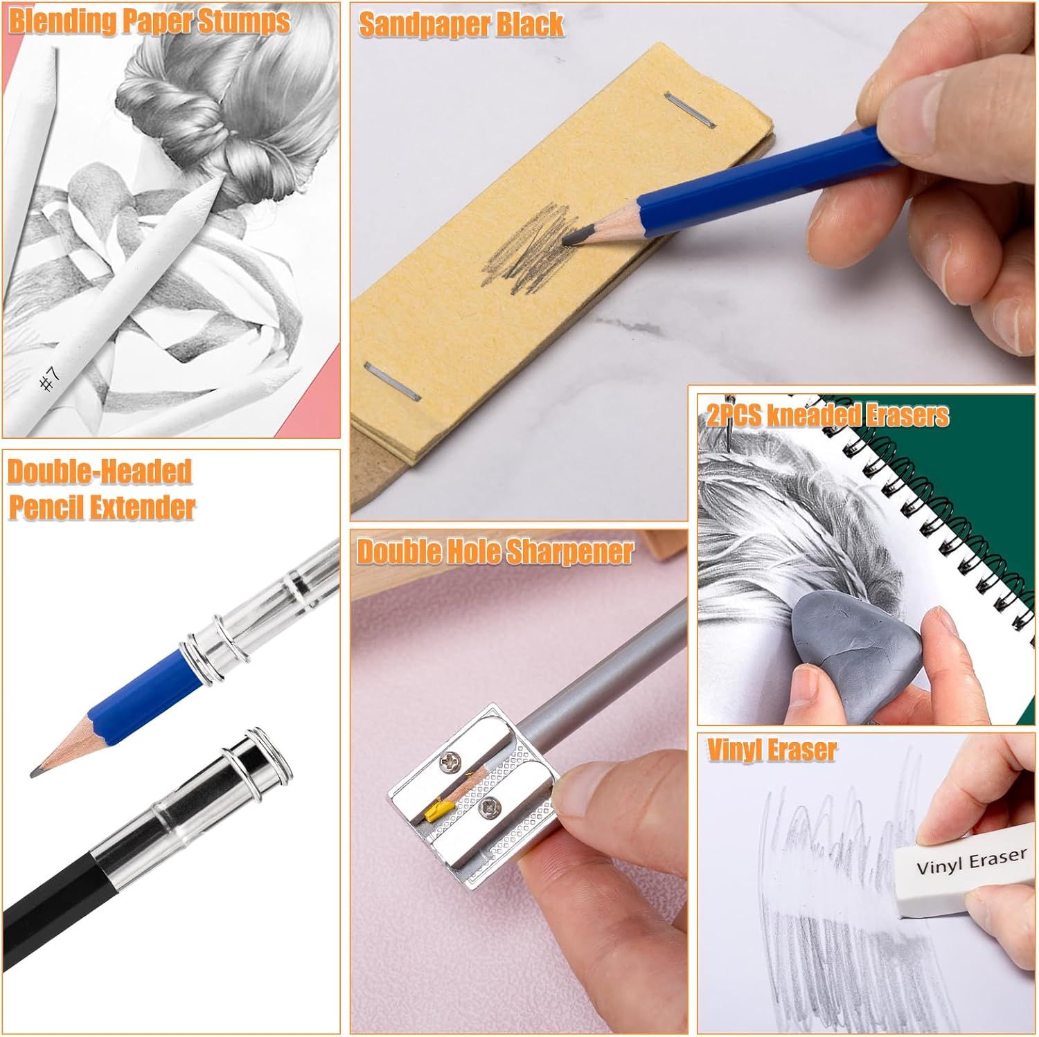 Shows all the drawing accessories and tools included in the kit to help shoppers understand the complete set of items they will receive with their purchase.