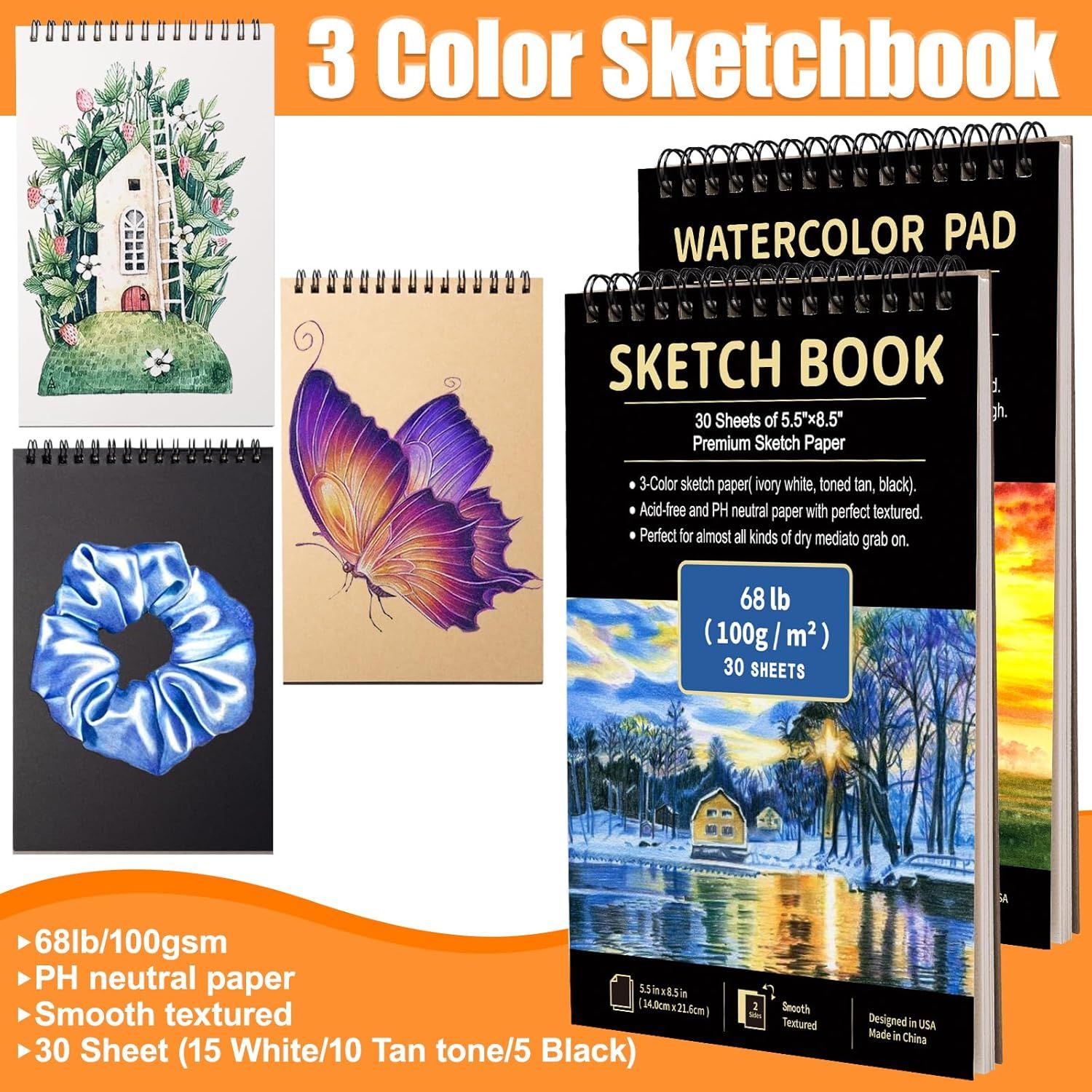 Shows the complete sketchbook set with three different paper colors (white, tan, black) and highlights the premium quality and specifications to help shoppers understand exactly what they receive in…