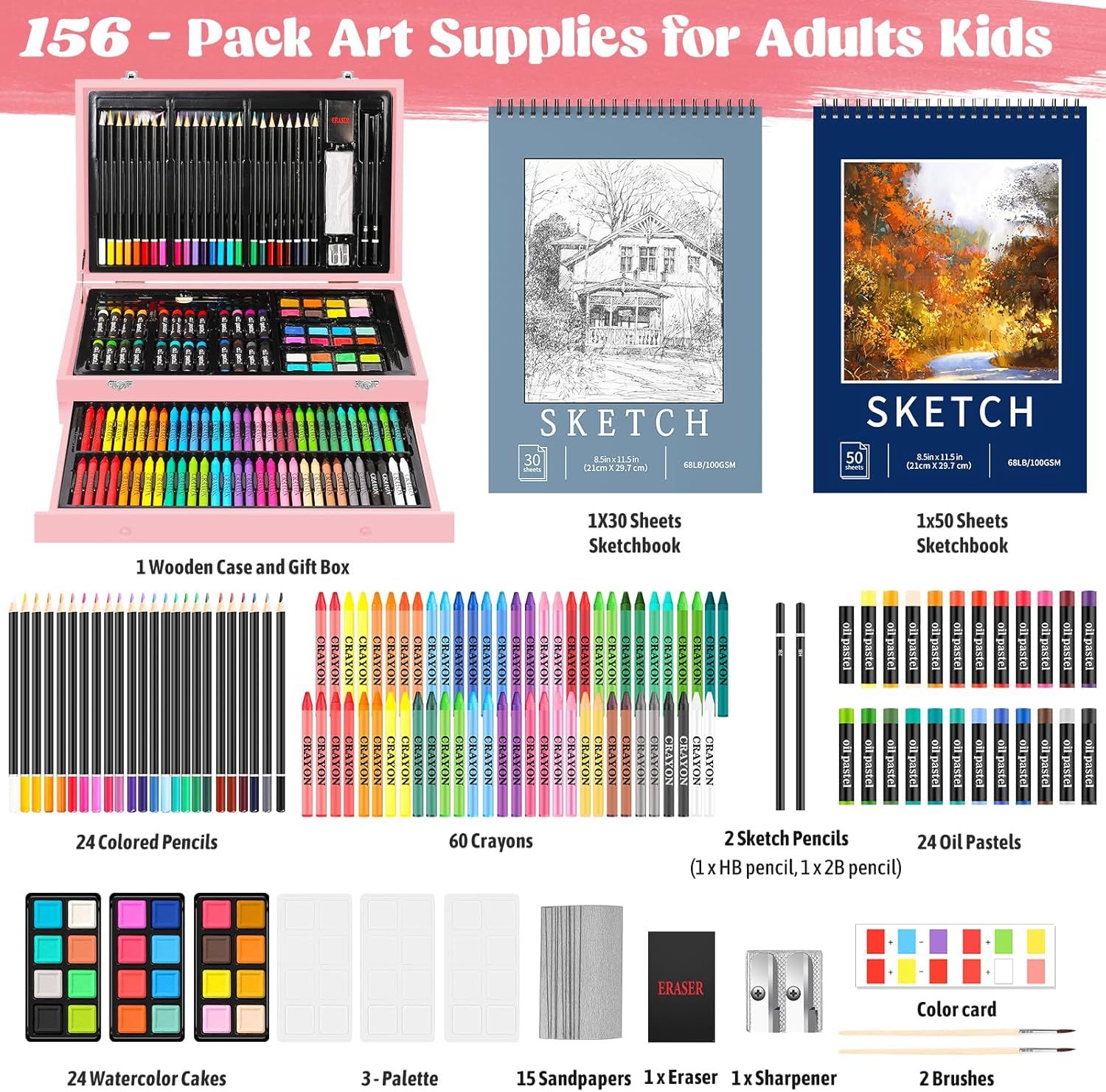 Shows all 156 items included in the art supplies kit to demonstrate the comprehensive value and variety of materials the customer receives.