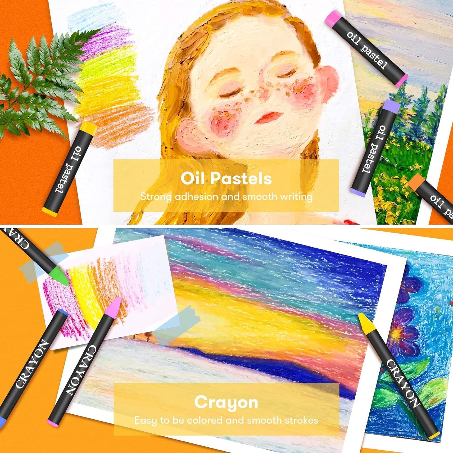 Demonstrates the superior quality and performance of oil pastels compared to crayons, highlighting strong adhesion and smooth writing versus easy coloring and smooth strokes.