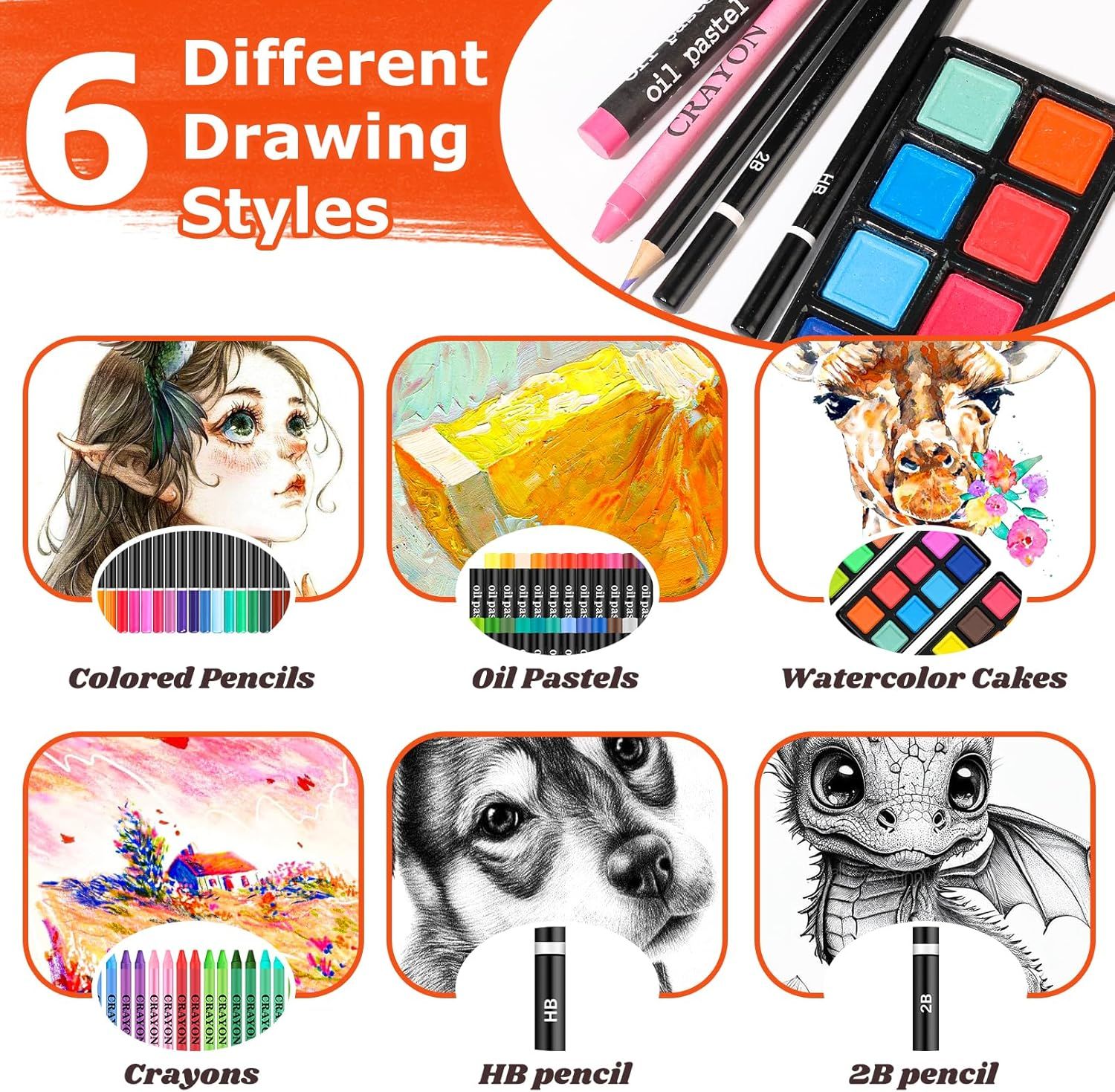 Demonstrates the product's versatility by showing it can be used with six different art media (colored pencils, oil pastels, watercolor cakes, crayons, HB pencil, and 2B pencil), reassuring shoppers…
