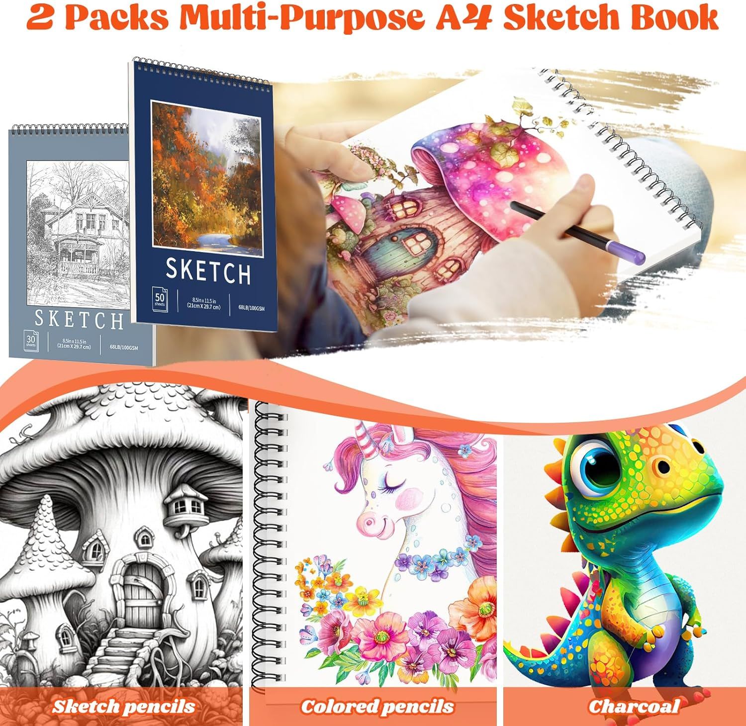 Demonstrates the sketchbook's versatility by showing it can be used for multiple art styles and mediums including sketch pencils, colored pencils, and charcoal, reassuring shoppers of its…
