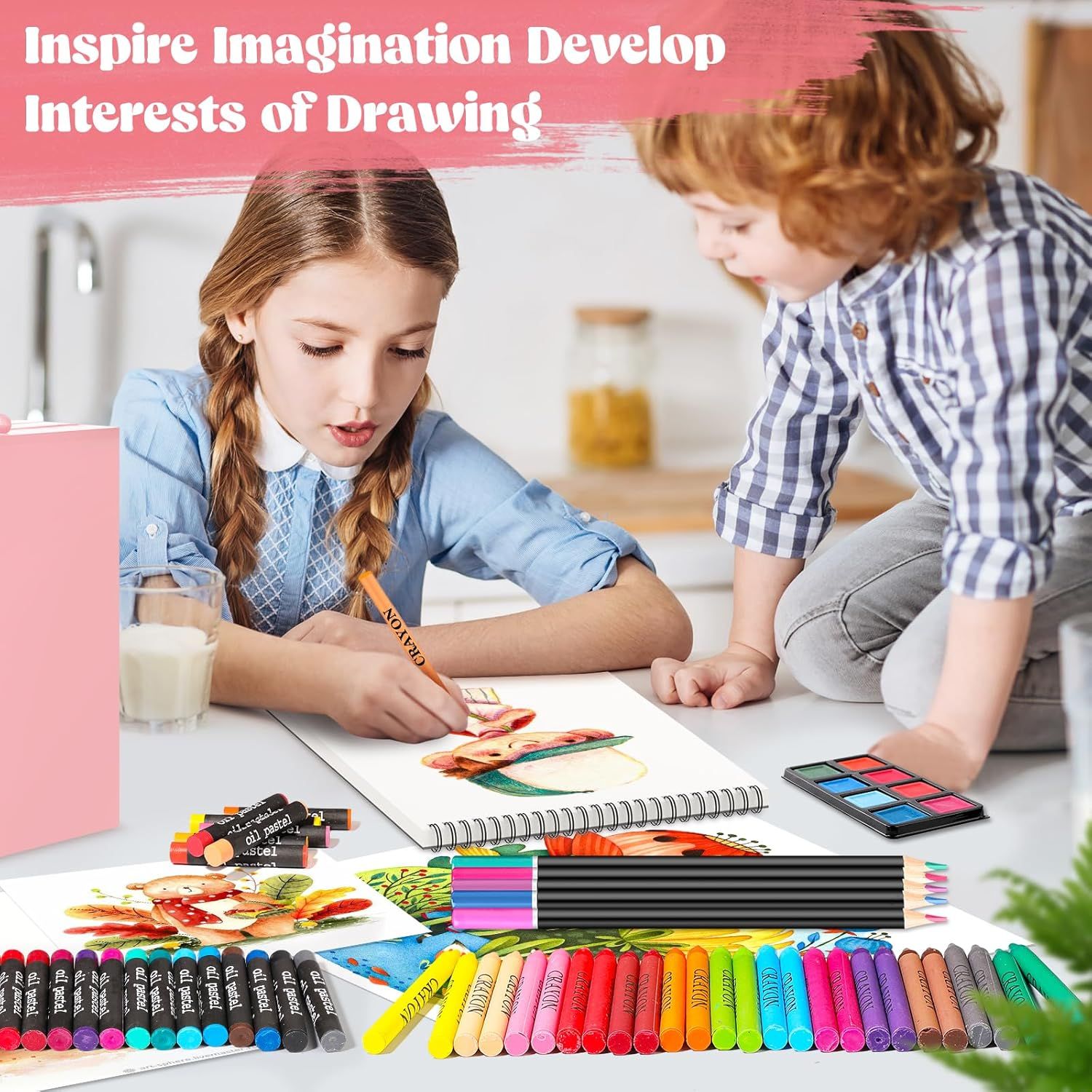 Shows everything included in the art kit bundle to help shoppers understand the full value and variety of supplies they will receive. Demonstrates the product in a real-world context with children…