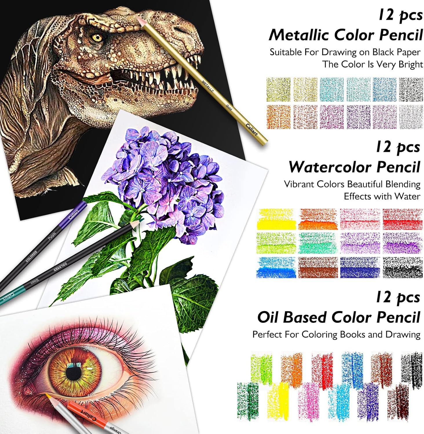 Shows the complete product bundle with three different types of colored pencils (metallic, watercolor, and oil-based) along with color swatches and example artwork to demonstrate what the customer…