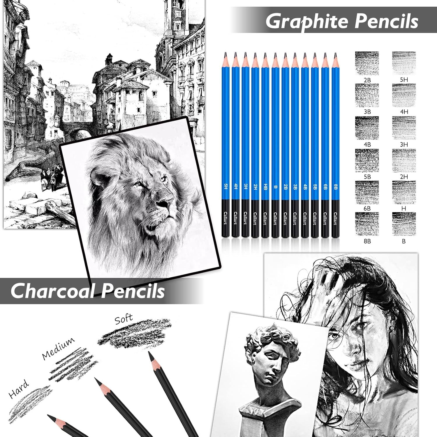 Showcases the product's versatility by highlighting two distinct pencil types (graphite and charcoal) with their respective hardness ranges and artistic applications, demonstrating the comprehensive…