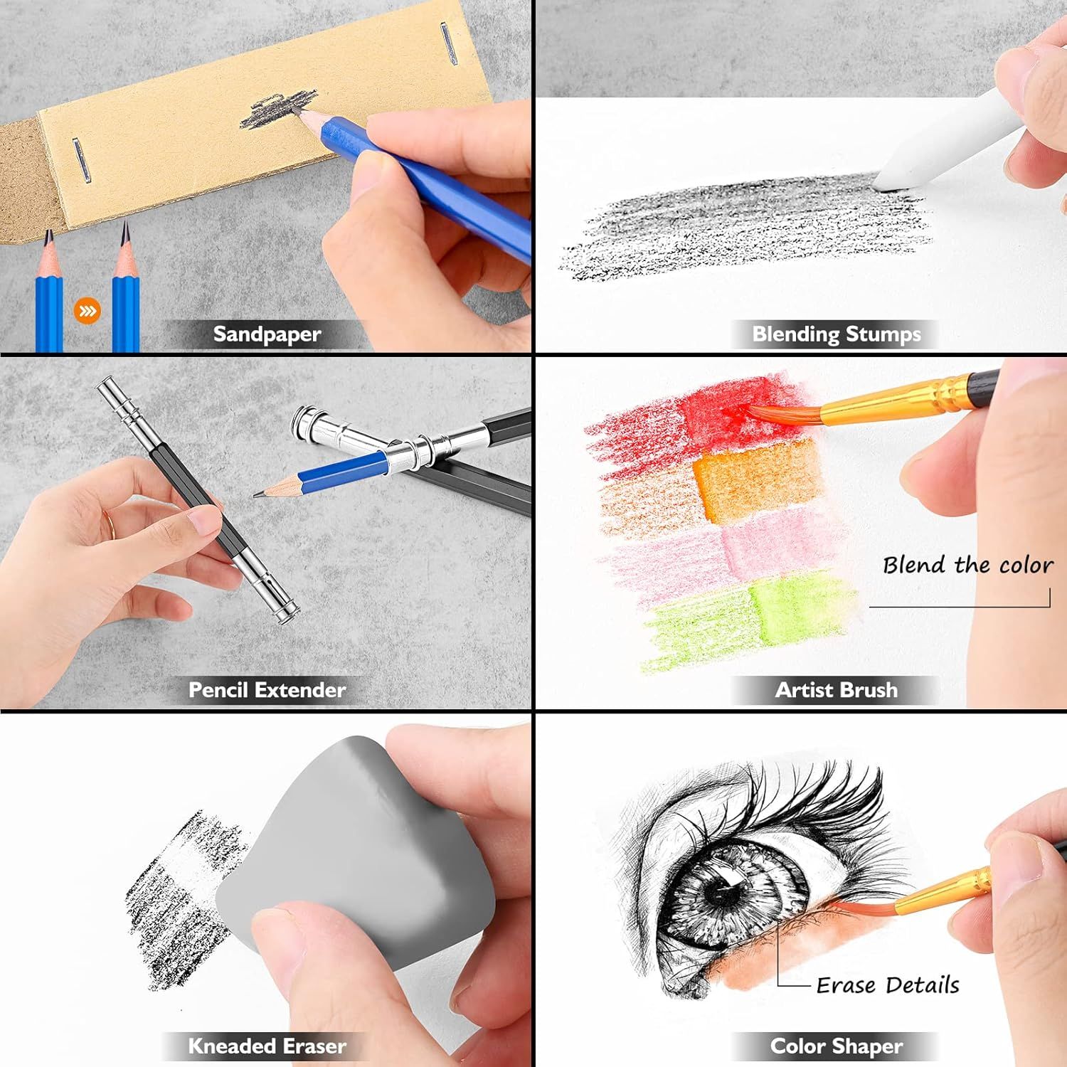 Demonstrates the multiple ways the product can be used for different artistic techniques and applications, showing versatility across sandpaper sharpening, blending, extending, color blending,…