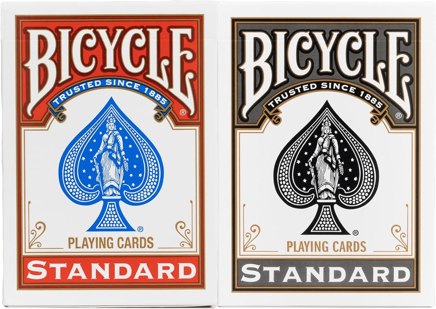 Displays the brand's product lineup by showing two color variants of Bicycle playing cards (red and black) to help shoppers choose between available options.