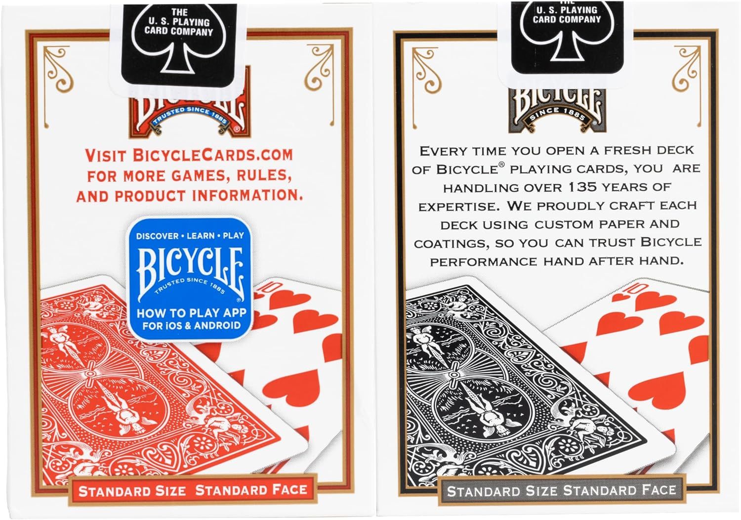 Communicates the Bicycle brand's 135-year heritage and craftsmanship, building trust and credibility. Also directs shoppers to additional resources and highlights app compatibility.