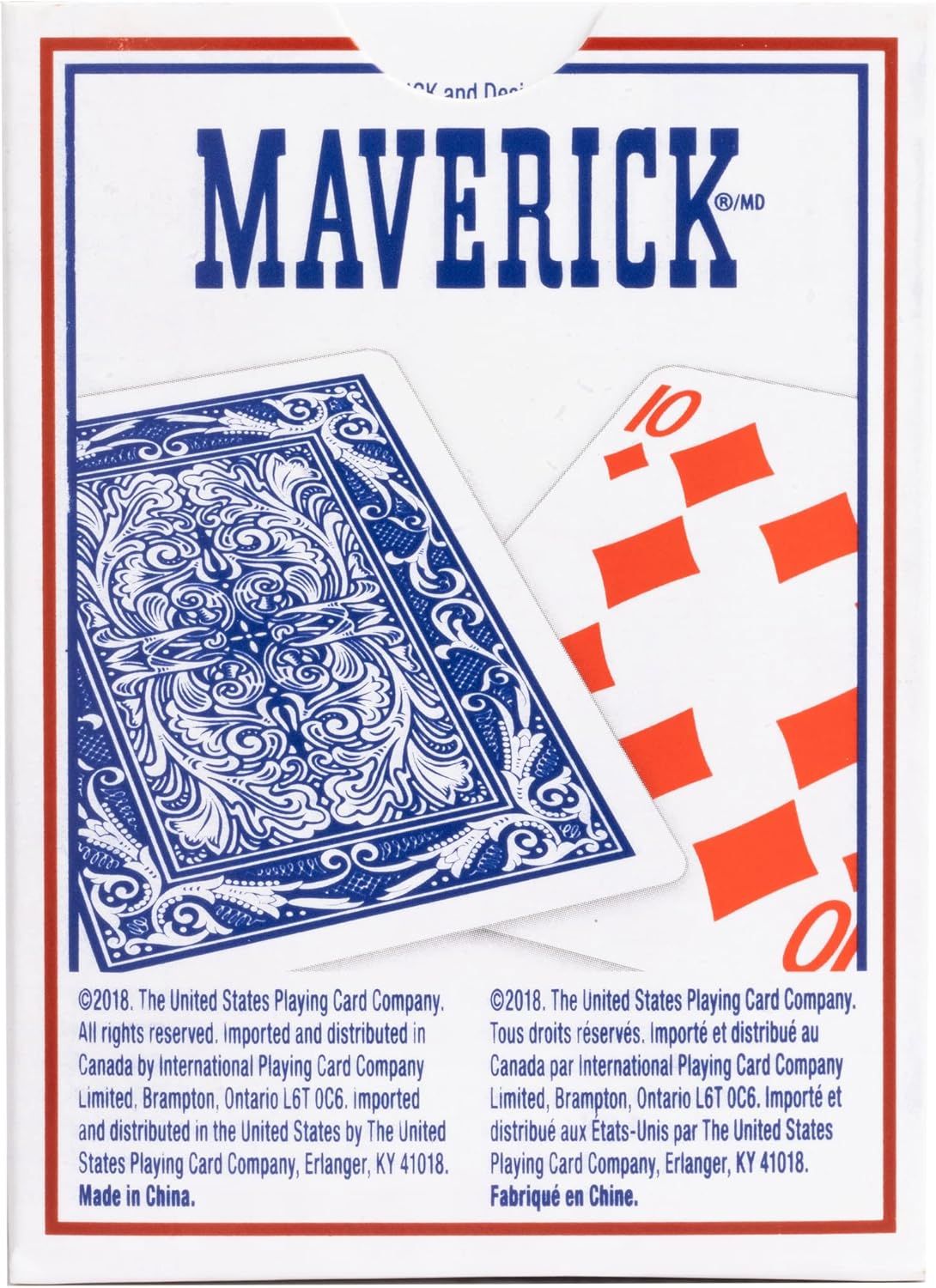 Showcases the Maverick brand name and playing card product packaging to establish brand recognition and communicate the product's identity as a branded playing card deck.