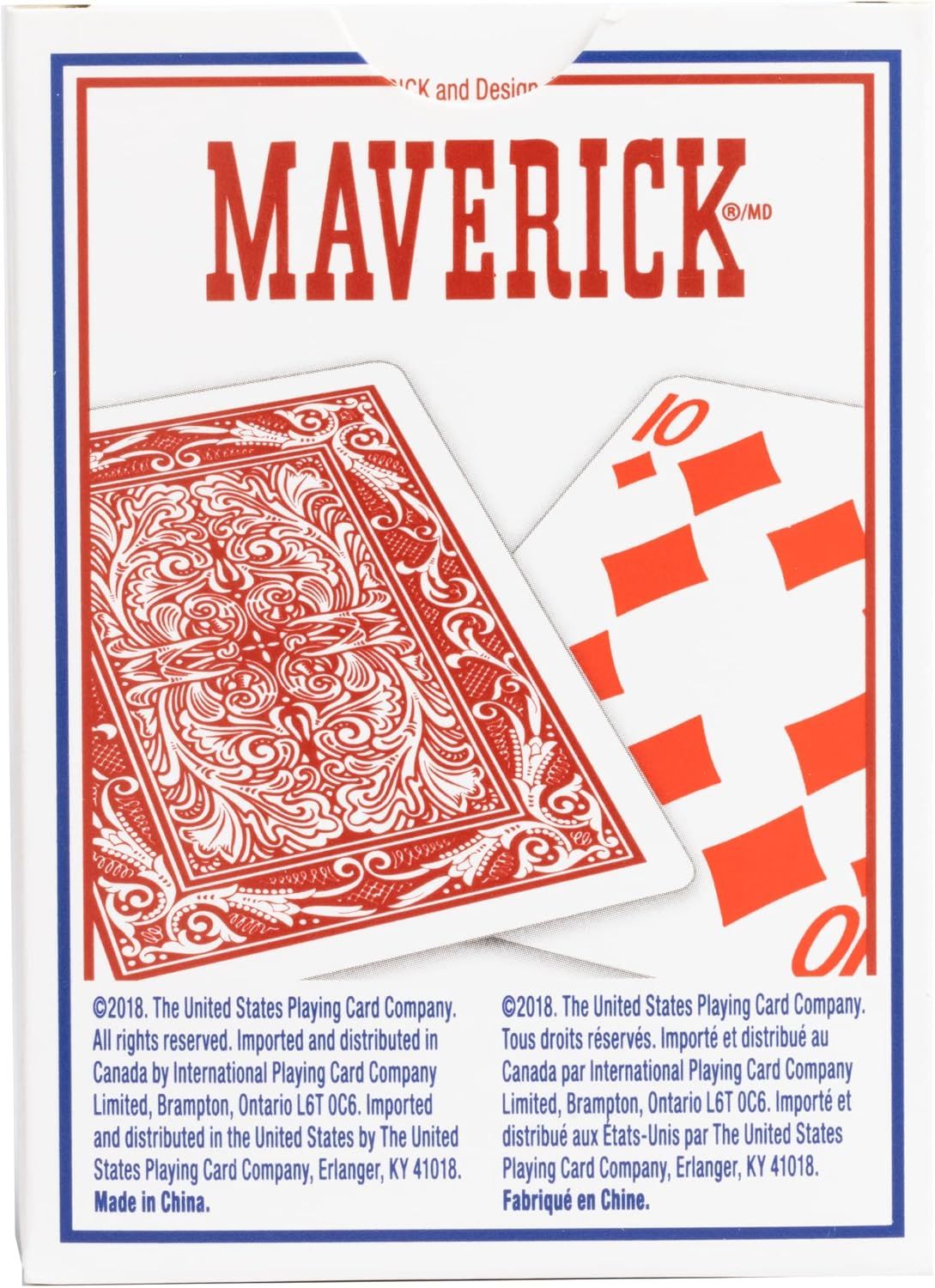 Showcases the Maverick brand name and playing card design to establish brand recognition and communicate the product's identity as a playing card deck.