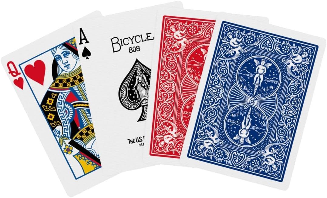 Shows what the customer receives in the package, including the card designs (red and blue backs) and face card quality, helping shoppers understand the complete product contents.