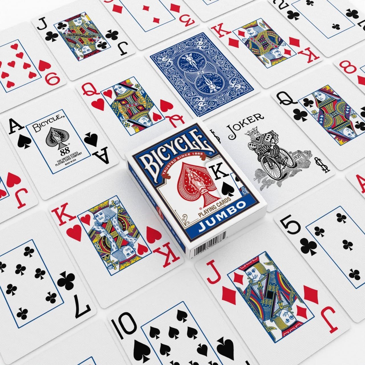 Shows the complete Bicycle Jumbo playing cards deck with individual cards displayed to demonstrate the product contents and card design, helping shoppers understand what they will receive.