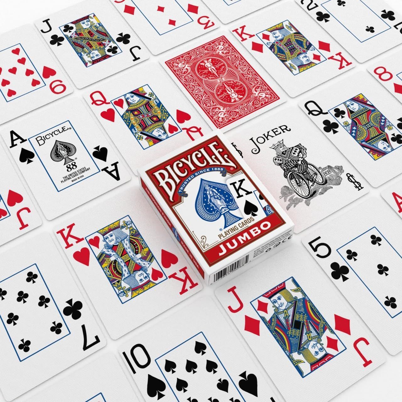 Shows the Bicycle Jumbo playing cards product with its packaging and sample cards on a clean white background to give shoppers a clear view of what they're purchasing.