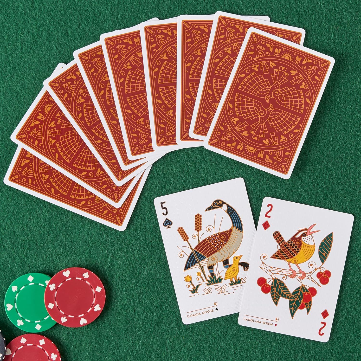 Shows the playing cards and poker chips in a clean, lifestyle setting to help shoppers visualize the product in use during a card game.