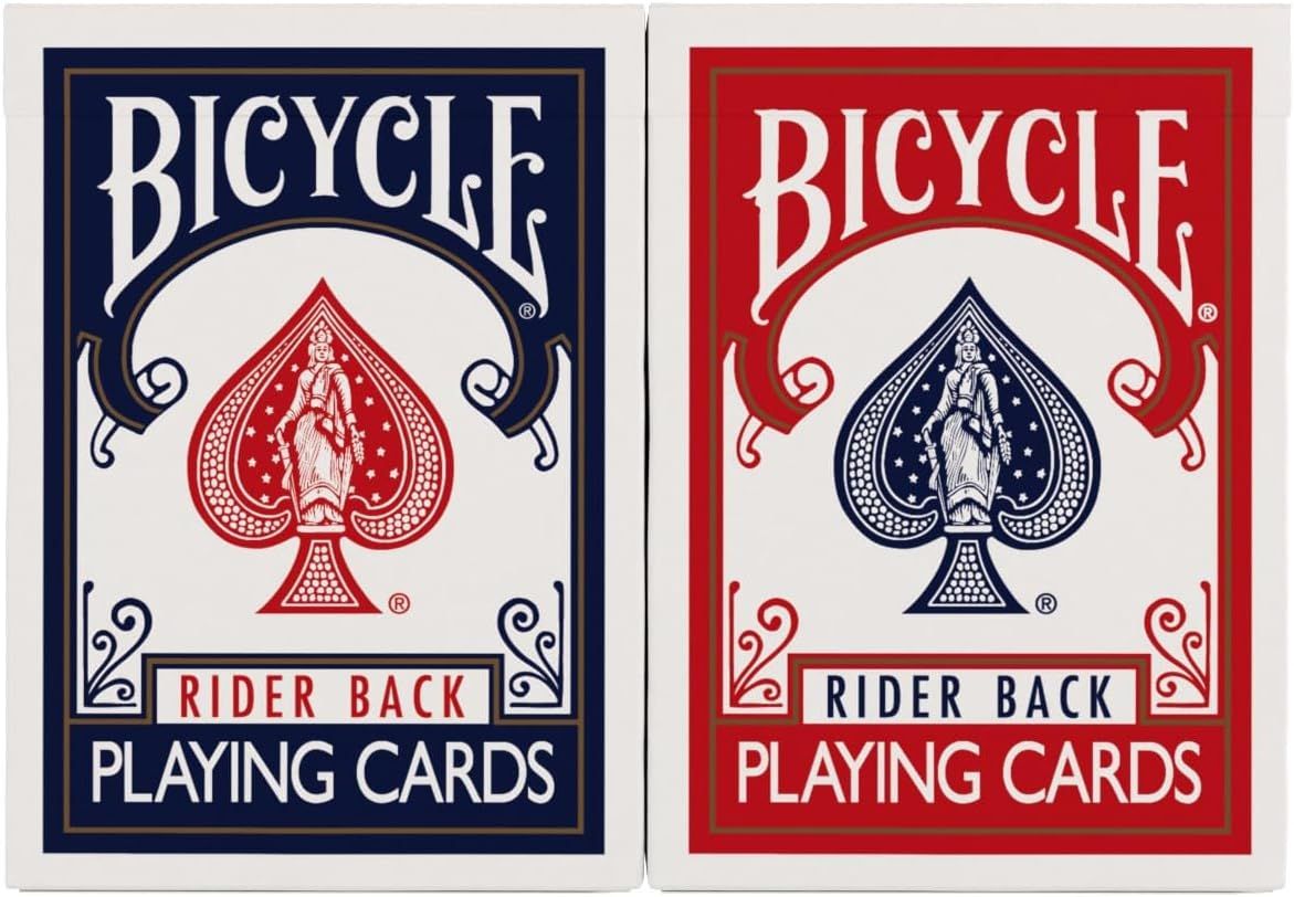 Shows the two color variants available in the Bicycle Rider Back playing cards product line, helping shoppers choose between blue and red deck options.