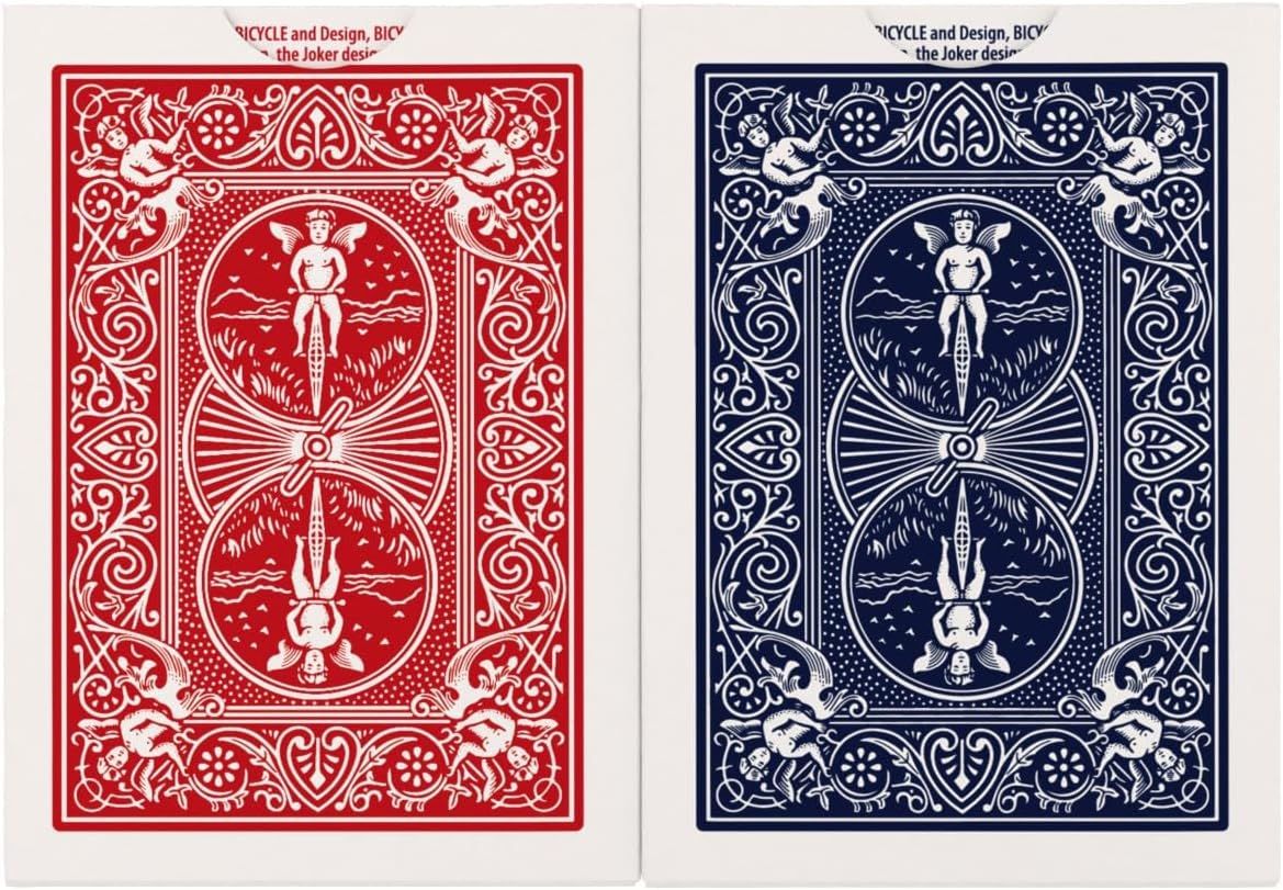 Displays the brand's product line by showing two color variants (red and blue) of the same playing card design, helping shoppers understand available options.