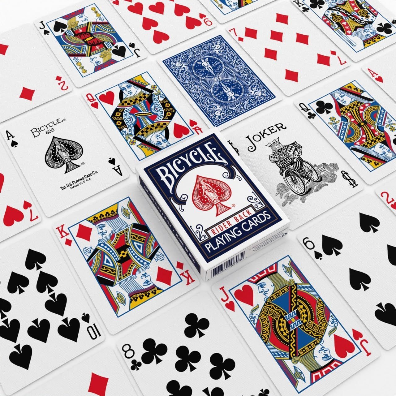 Shows the customer exactly what they receive when purchasing this Bicycle playing cards product — the box, individual cards, and joker — to set clear expectations about the complete package.