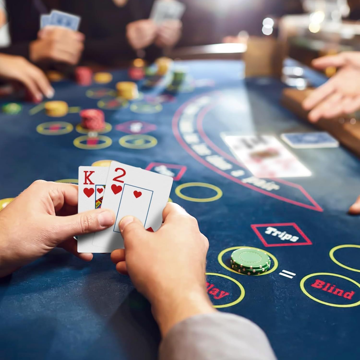 Shows the product (playing cards or casino table) in an authentic gaming environment to help shoppers visualize the product in actual use.