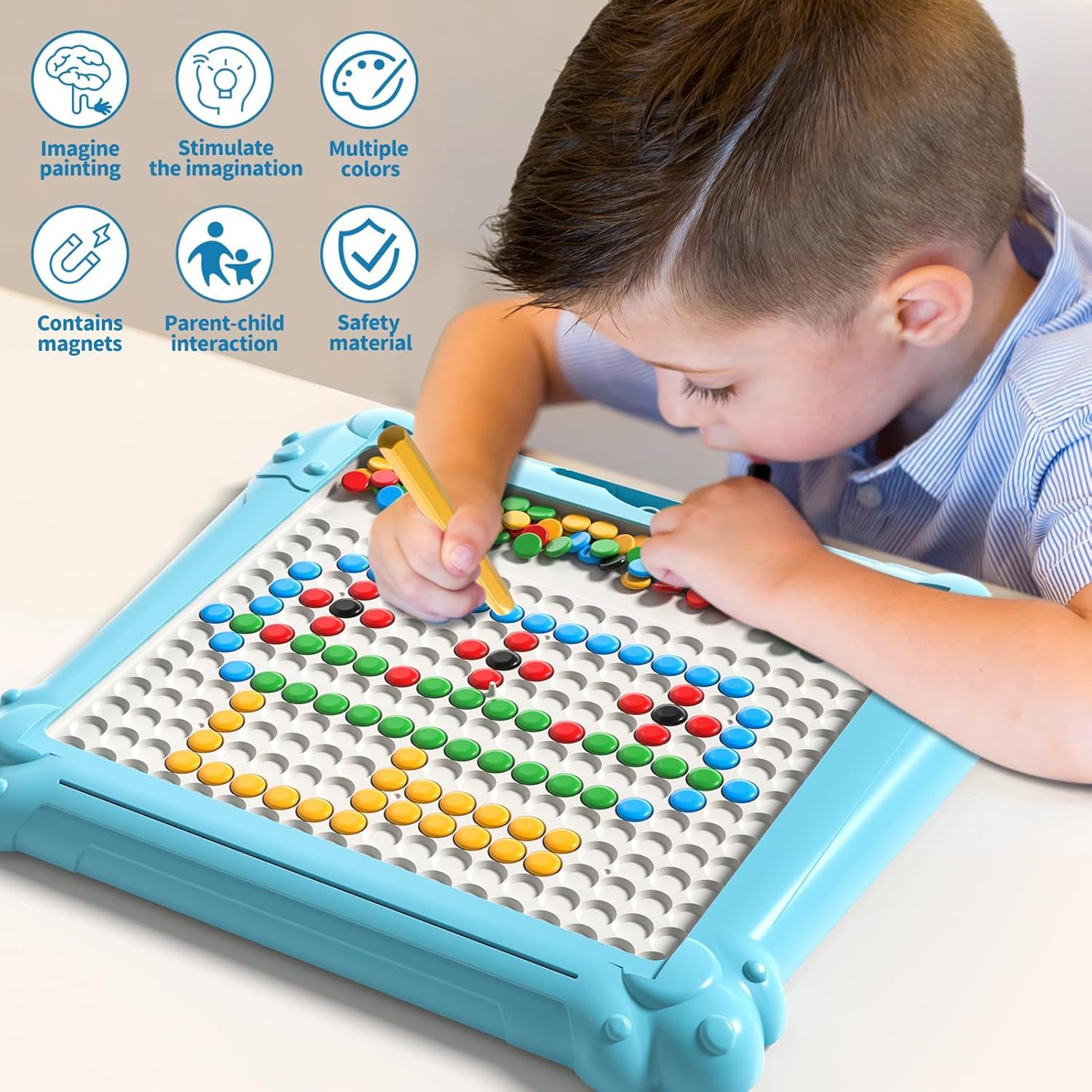 Communicates multiple distinct benefits of the toy in a segmented icon layout, showing it stimulates imagination, offers multiple colors, contains magnets, encourages parent-child interaction, and…