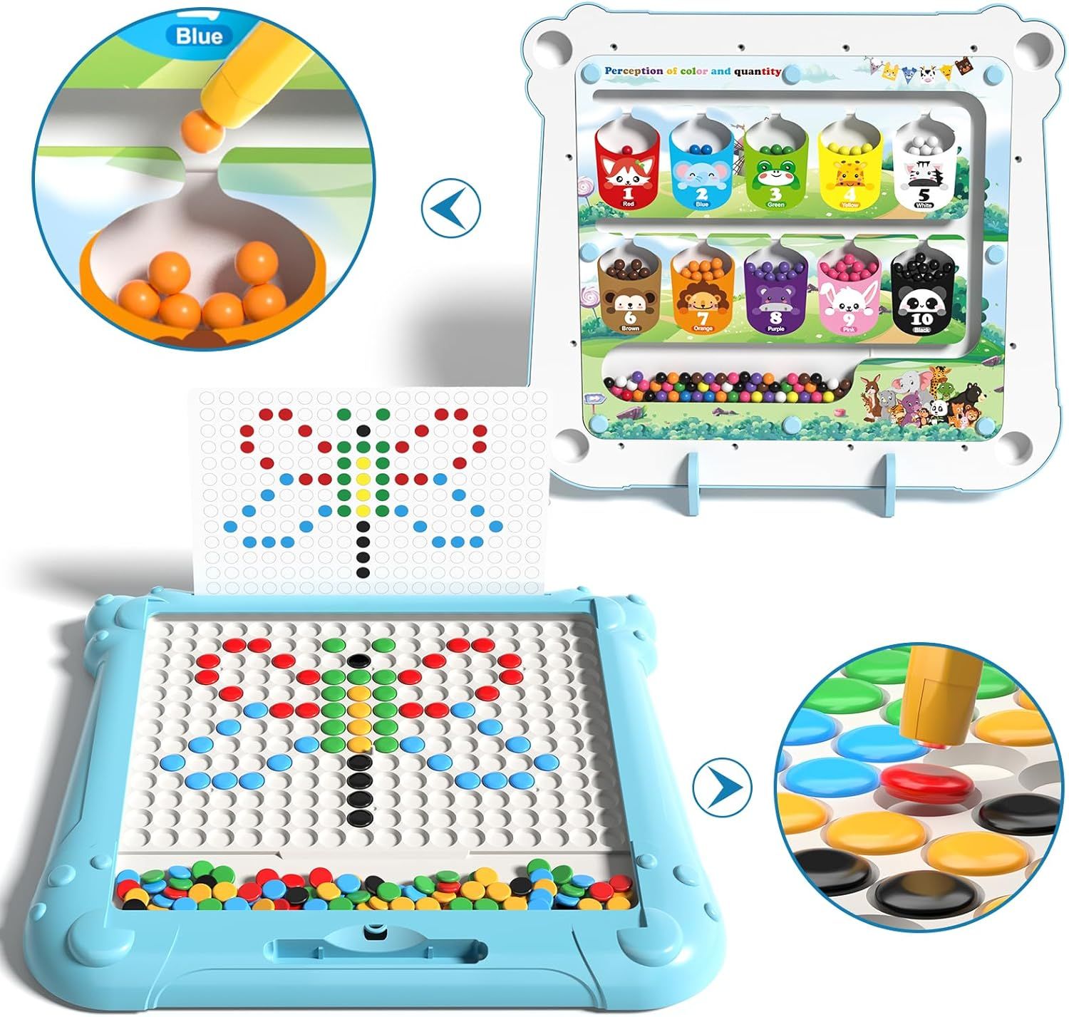 Demonstrates the multiple ways children can play with this toy, showing different game modes including color sorting with animal containers, pattern creation on the pegboard, and various educational…