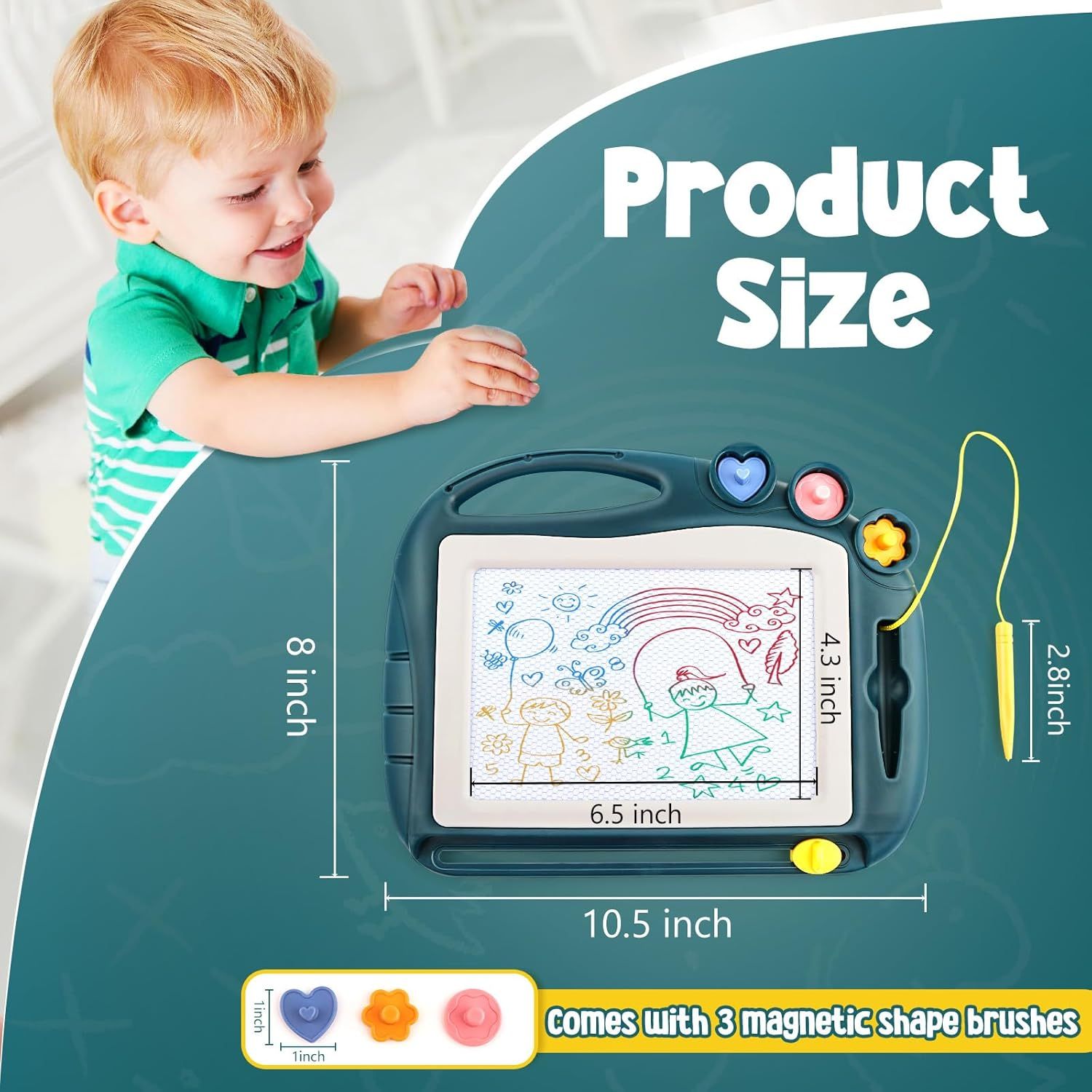 Shows the exact physical dimensions of the drawing tablet (10.5 x 8 x 6.5 inches) and included accessories (2.8 inch stylus, 1 inch magnetic brushes) to help shoppers understand the product's size…
